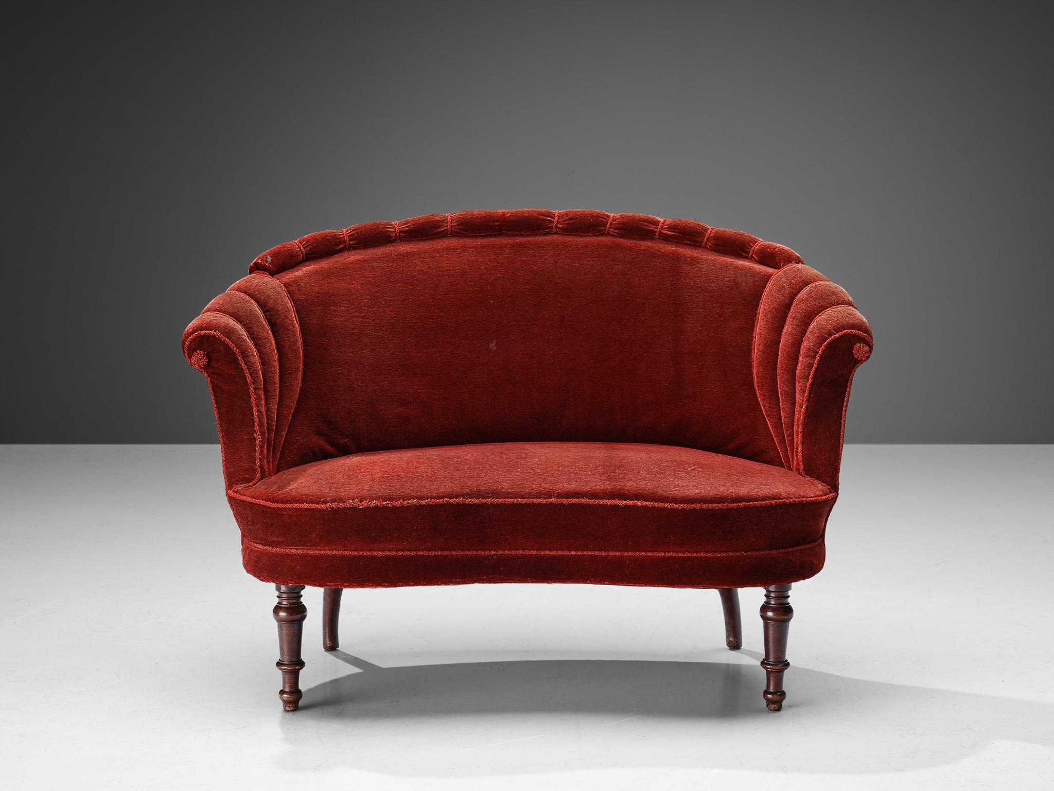 Art Deco French Settee in Red Velvet Upholstery  For Sale