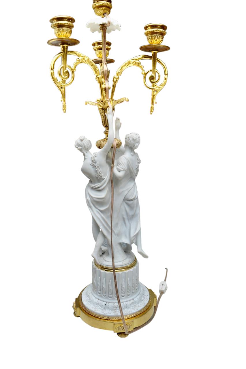 French Sevres Bisque Porcelain and Gilt Bronze Candelabra Lamp Signed Feuchere For Sale 3