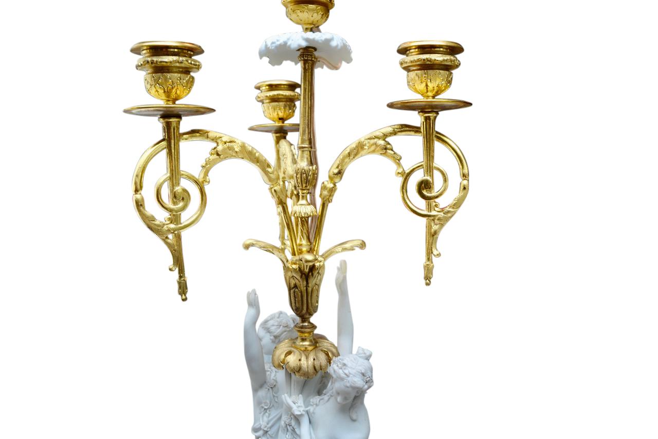 19th Century French Sevres Bisque Porcelain and Gilt Bronze Candelabra Lamp Signed Feuchere For Sale