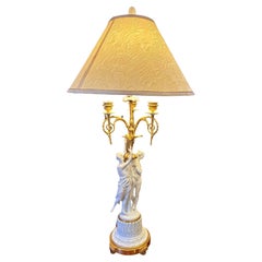 French Sevres Bisque Porcelain and Gilt Bronze Candelabra Lamp Signed Feuchere