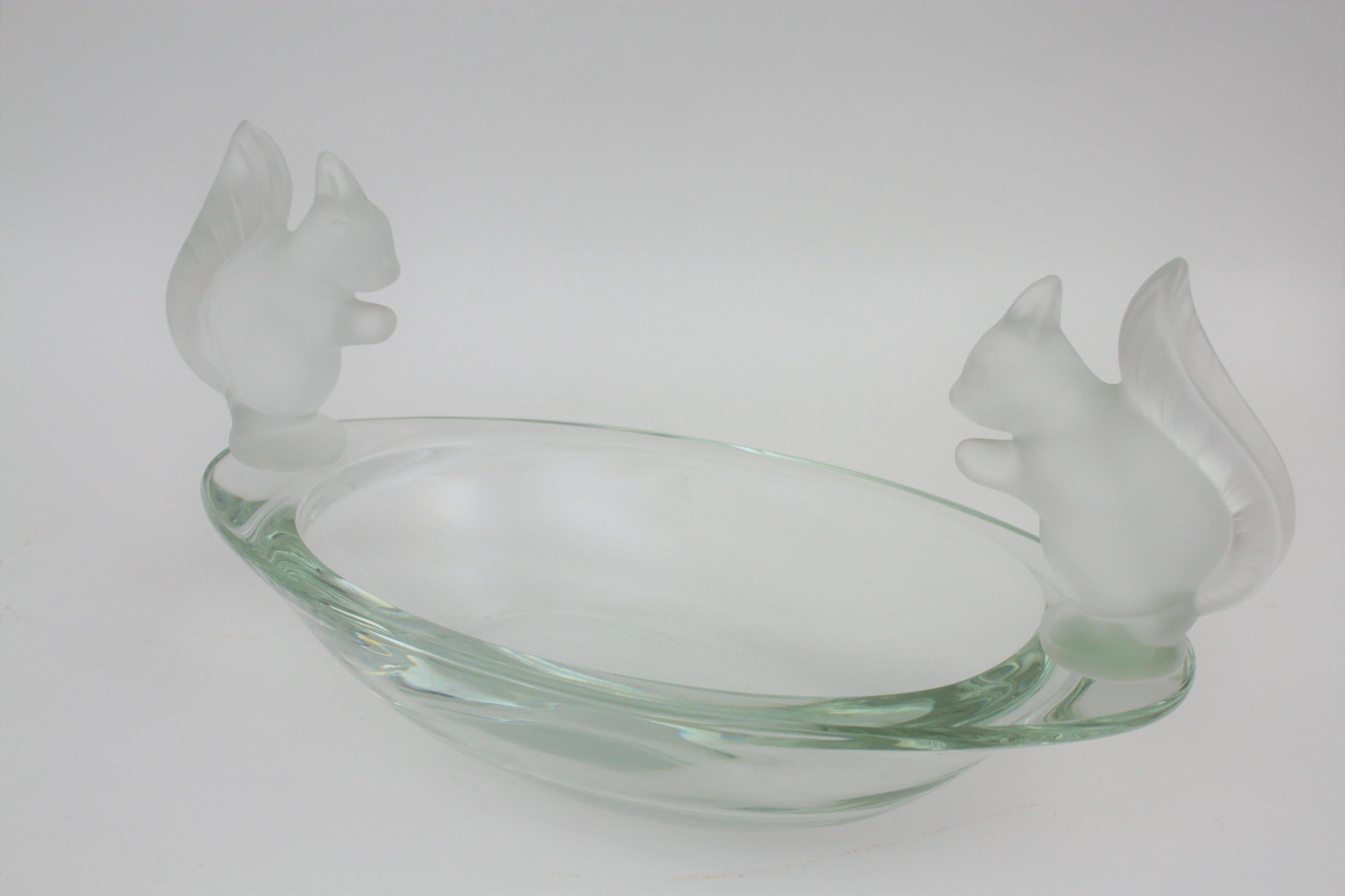 French Sevres Crystal Oval Bowl Decorated by Frosted Crystal Squirrel Figures 5