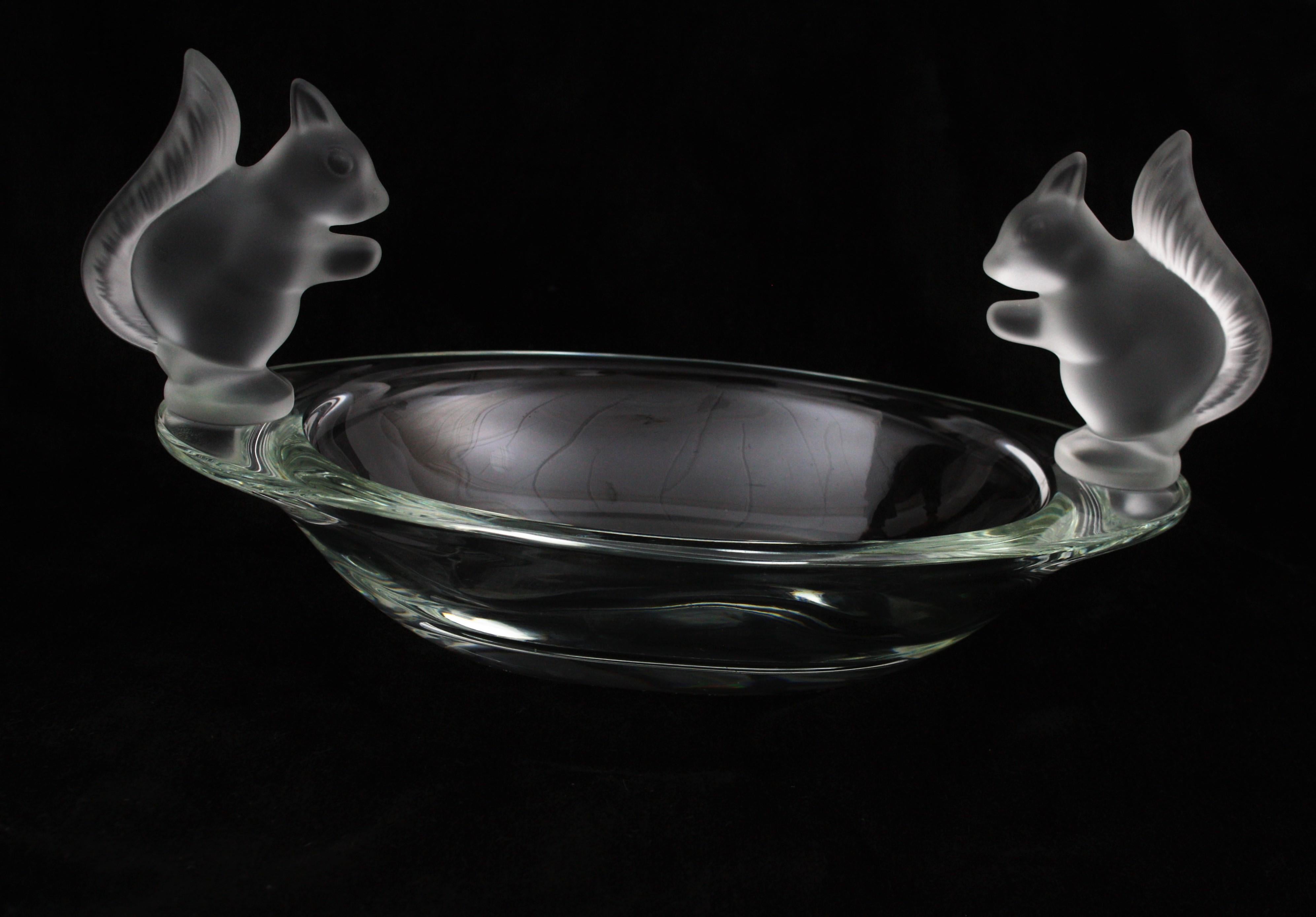 French Sevres Crystal Oval Bowl Decorated by Frosted Crystal Squirrel Figures 6