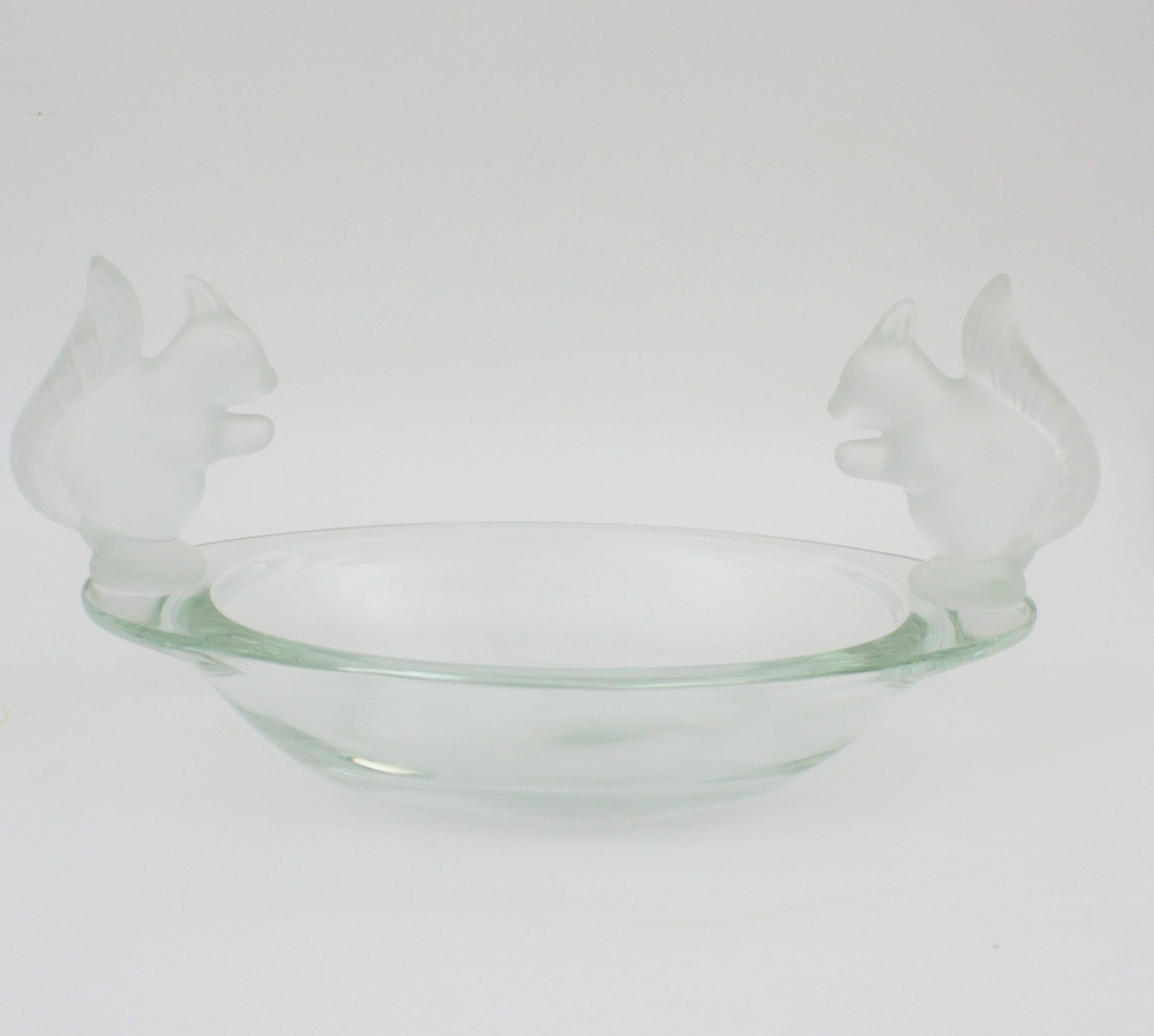 Mid-Century Modern French Sevres Crystal Oval Bowl Decorated by Frosted Crystal Squirrel Figures