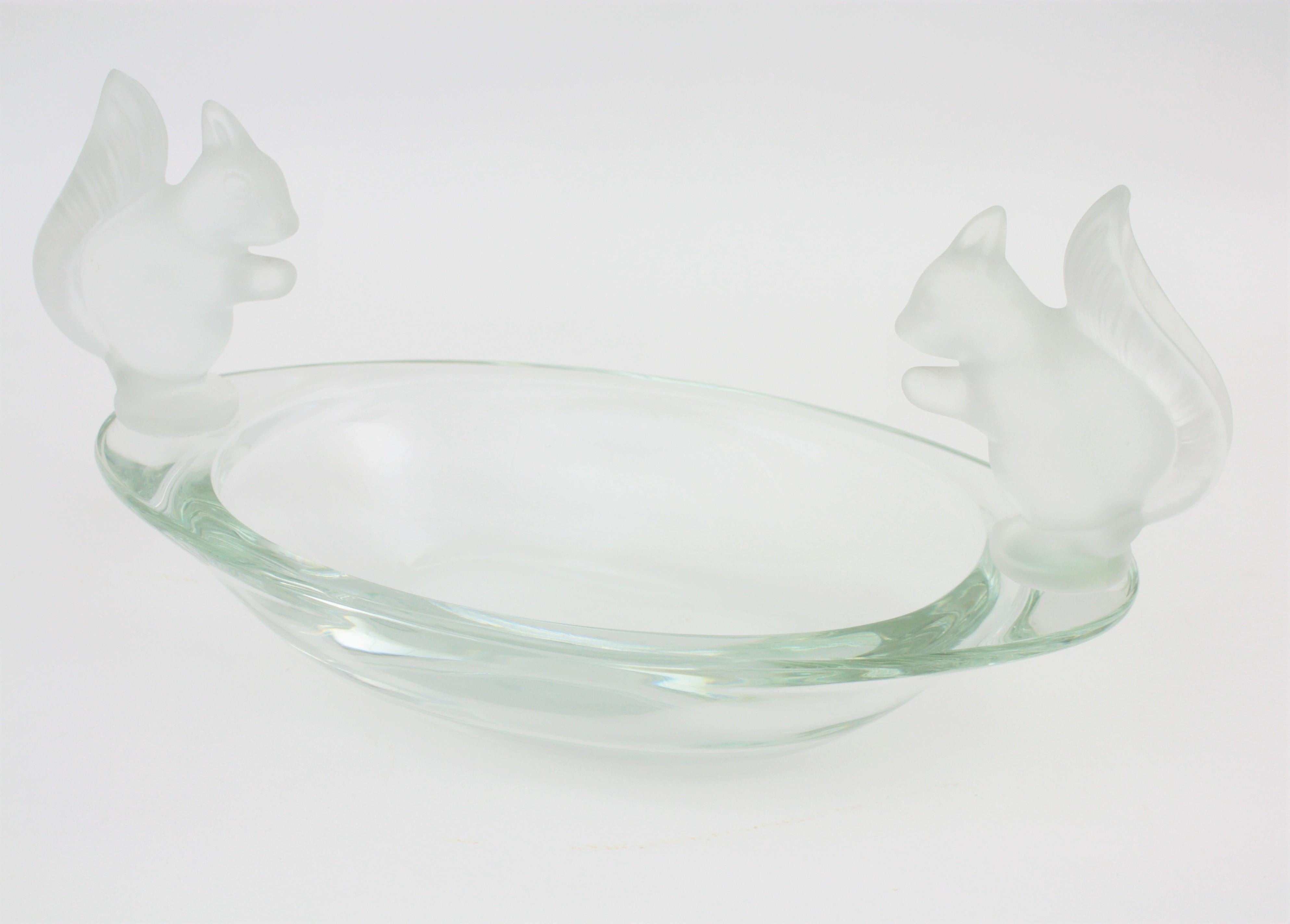20th Century French Sevres Crystal Oval Bowl Decorated by Frosted Crystal Squirrel Figures