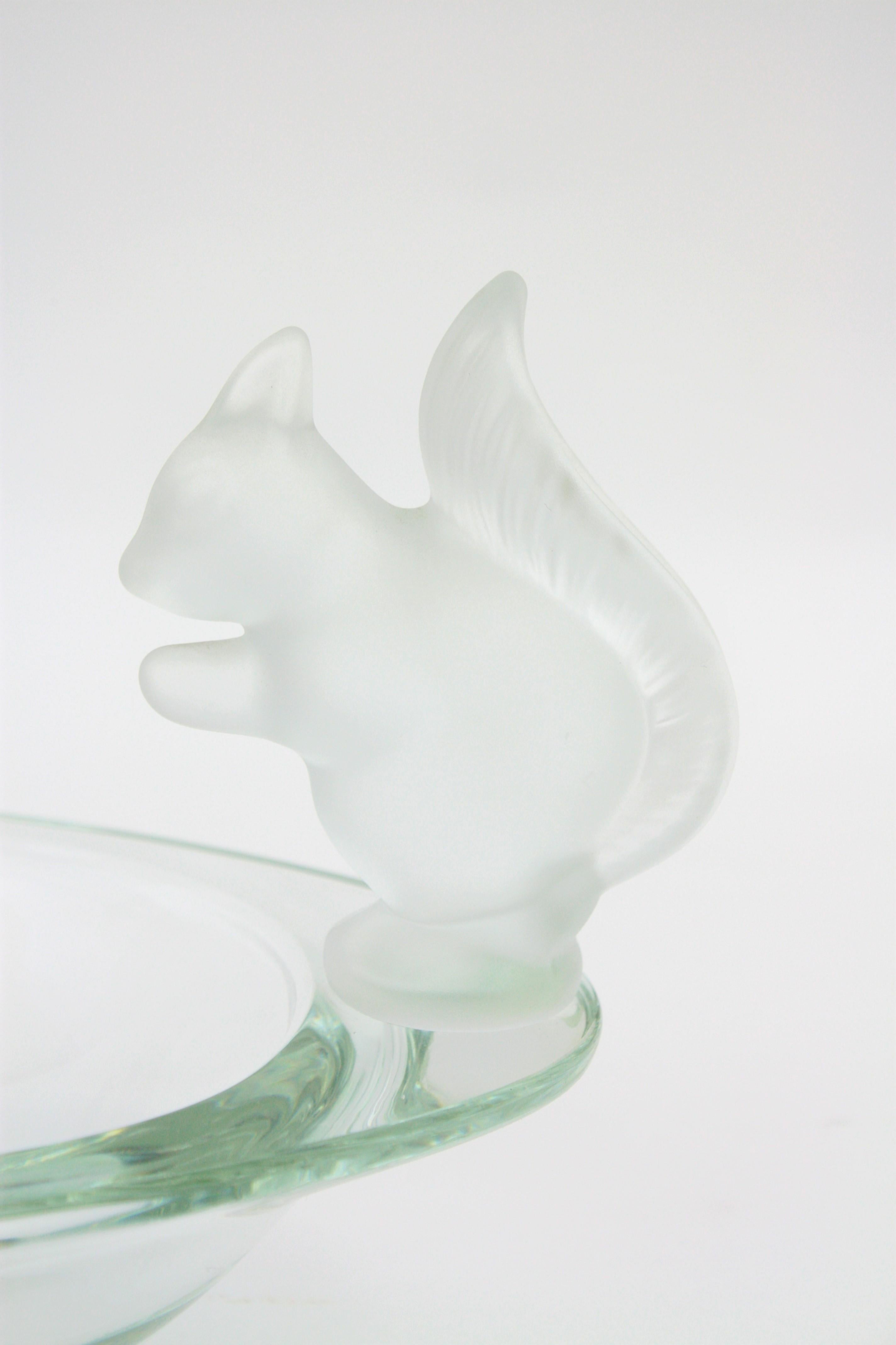 Art Glass French Sevres Crystal Oval Bowl Decorated by Frosted Crystal Squirrel Figures