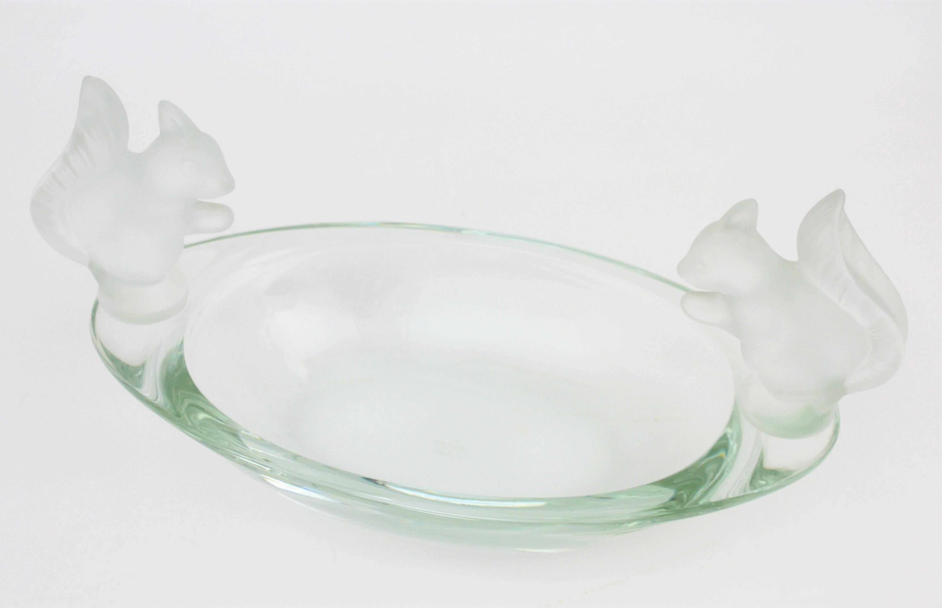 French Sevres Crystal Oval Bowl Decorated by Frosted Crystal Squirrel Figures 2