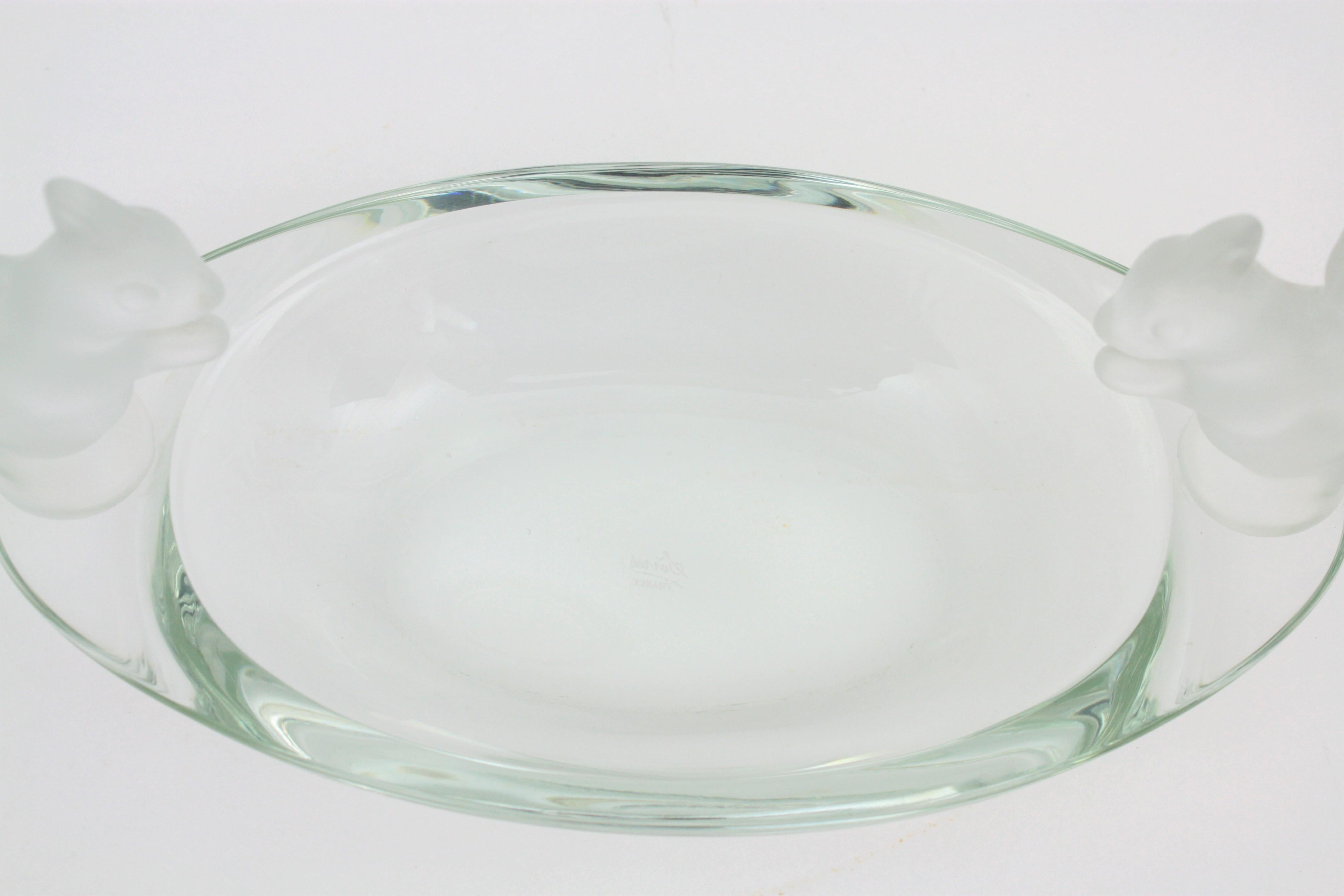French Sevres Crystal Oval Bowl Decorated by Frosted Crystal Squirrel Figures 2