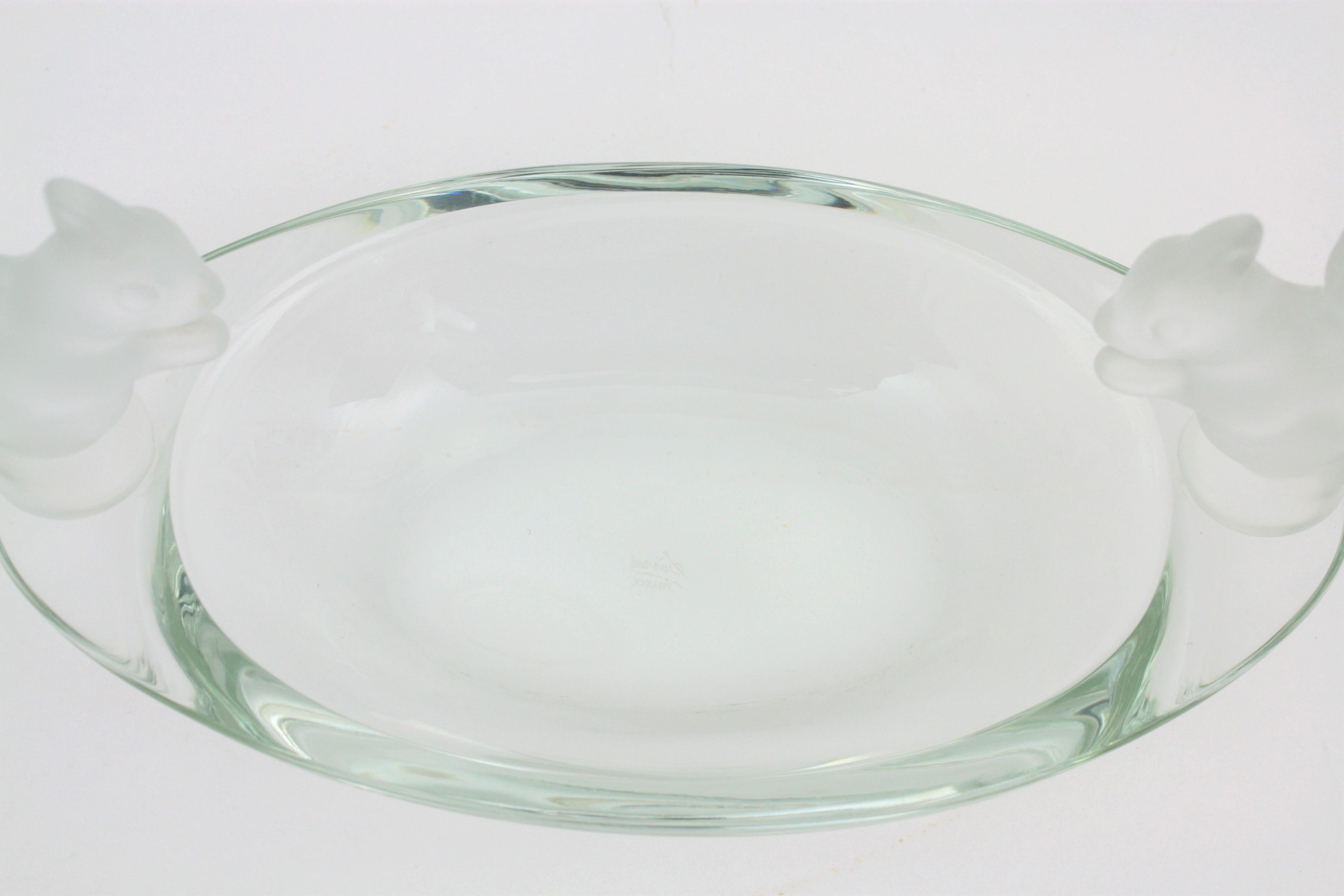 French Sevres Crystal Oval Bowl Decorated by Frosted Crystal Squirrel Figures 3