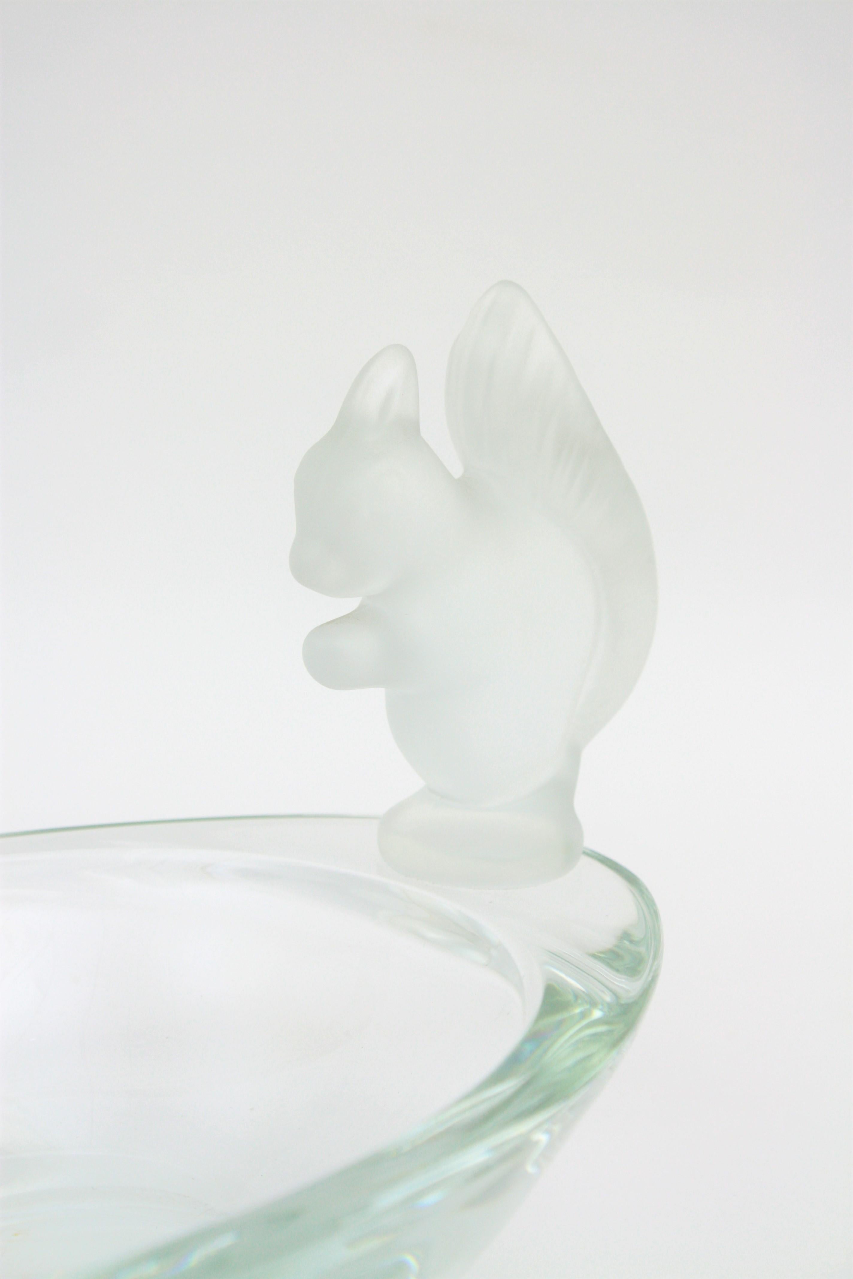 French Sevres Crystal Oval Bowl Decorated by Frosted Crystal Squirrel Figures 3