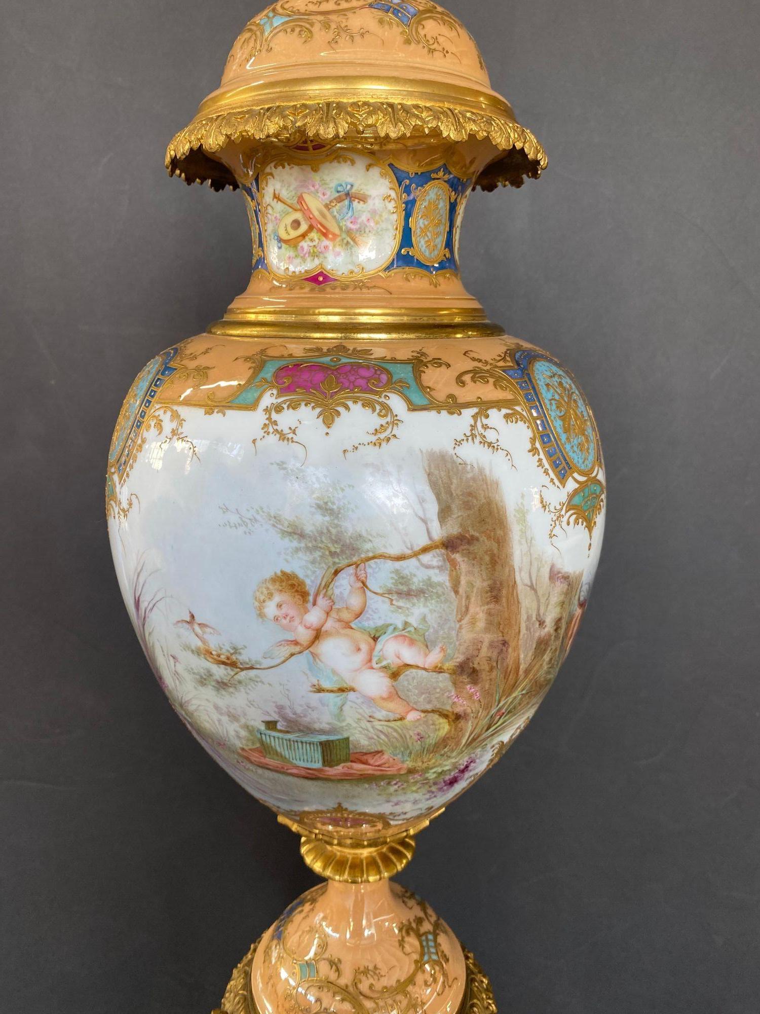 19th Century French Sèvres Gilt-Bronze Mounted Porcelain Urn For Sale