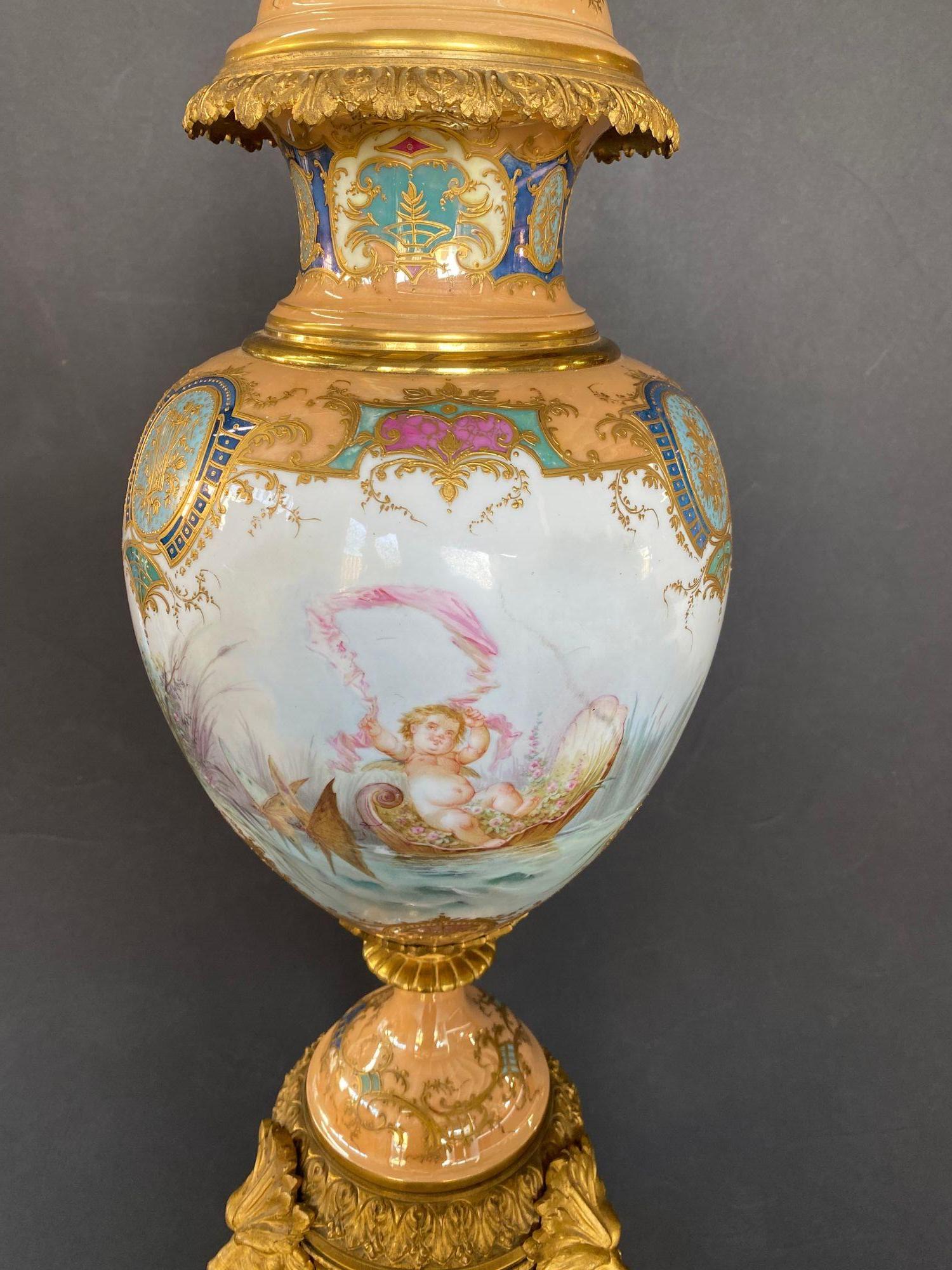 French Sèvres Gilt-Bronze Mounted Porcelain Urn For Sale 2