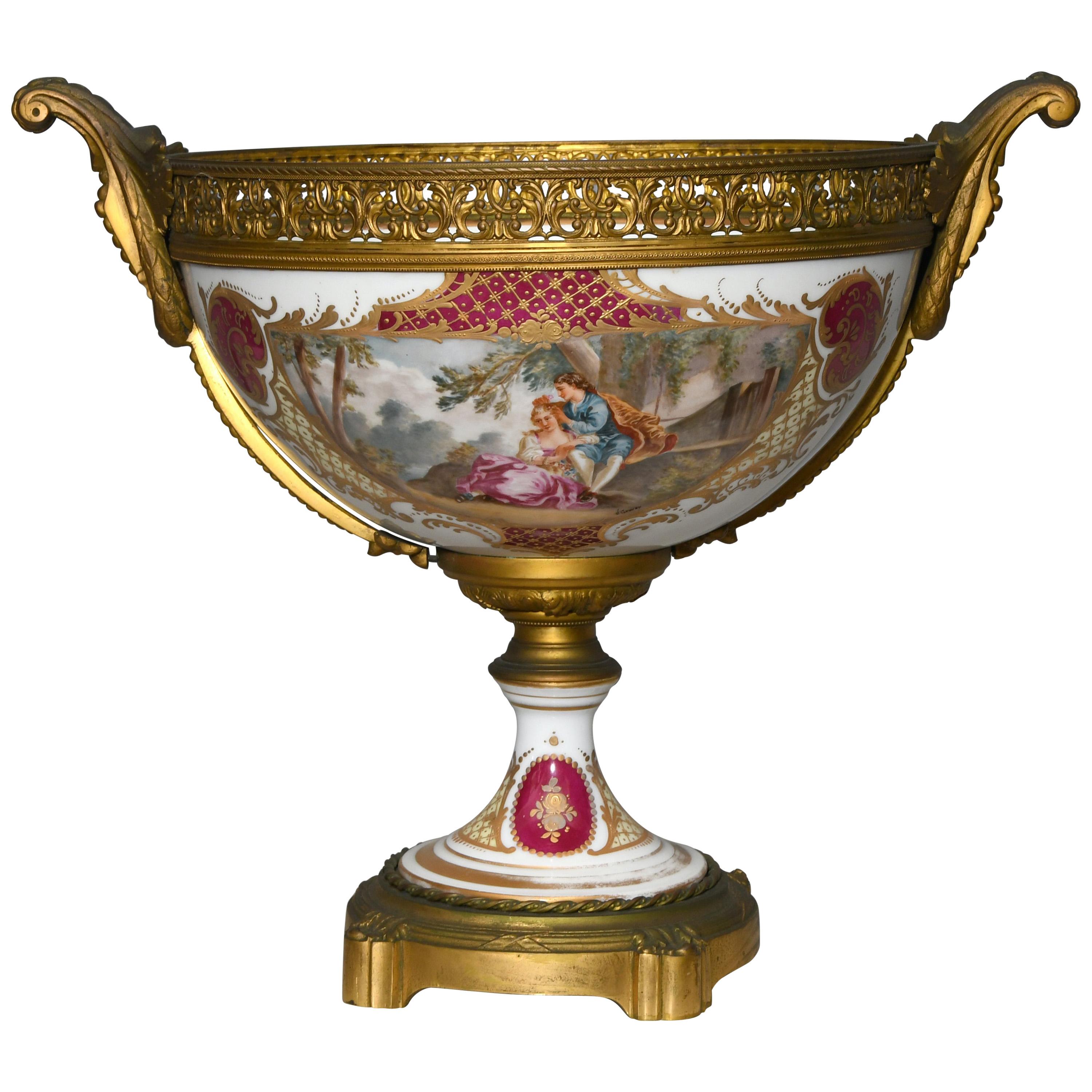 French Sevres Style Gilt Bronze Porcelain Pedestal Centerpiece Bowl