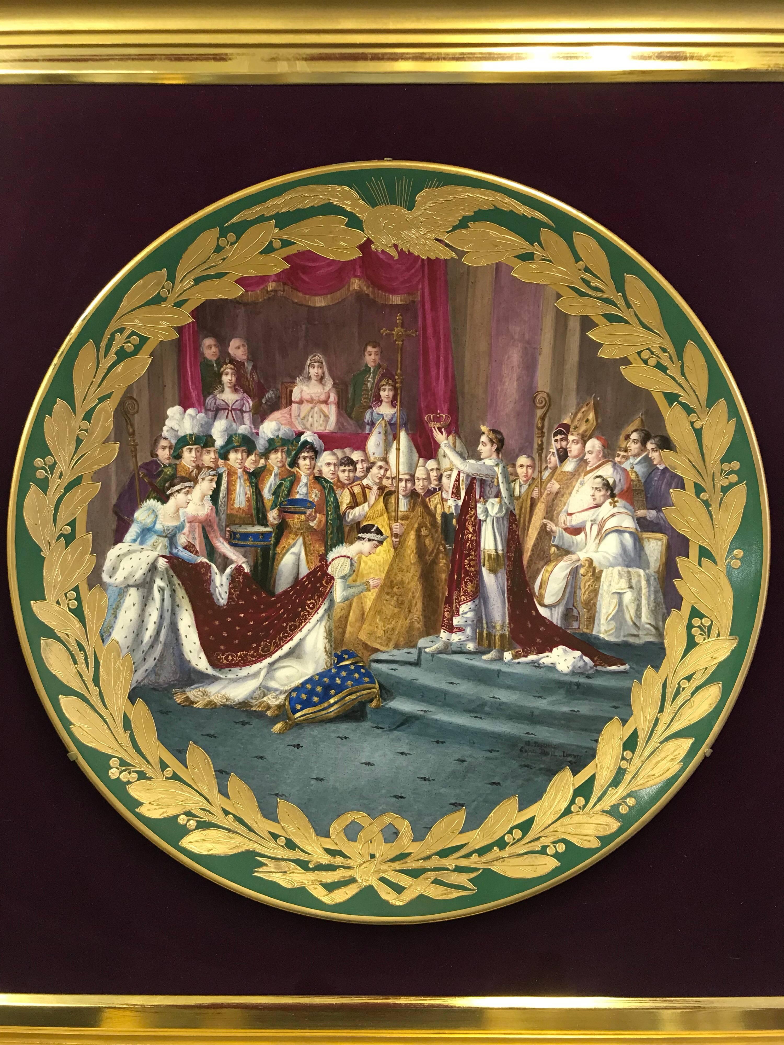 Hand-Painted French Sevres Green Ground Porcelain Framed Charger Napoleon Courting Josephine For Sale