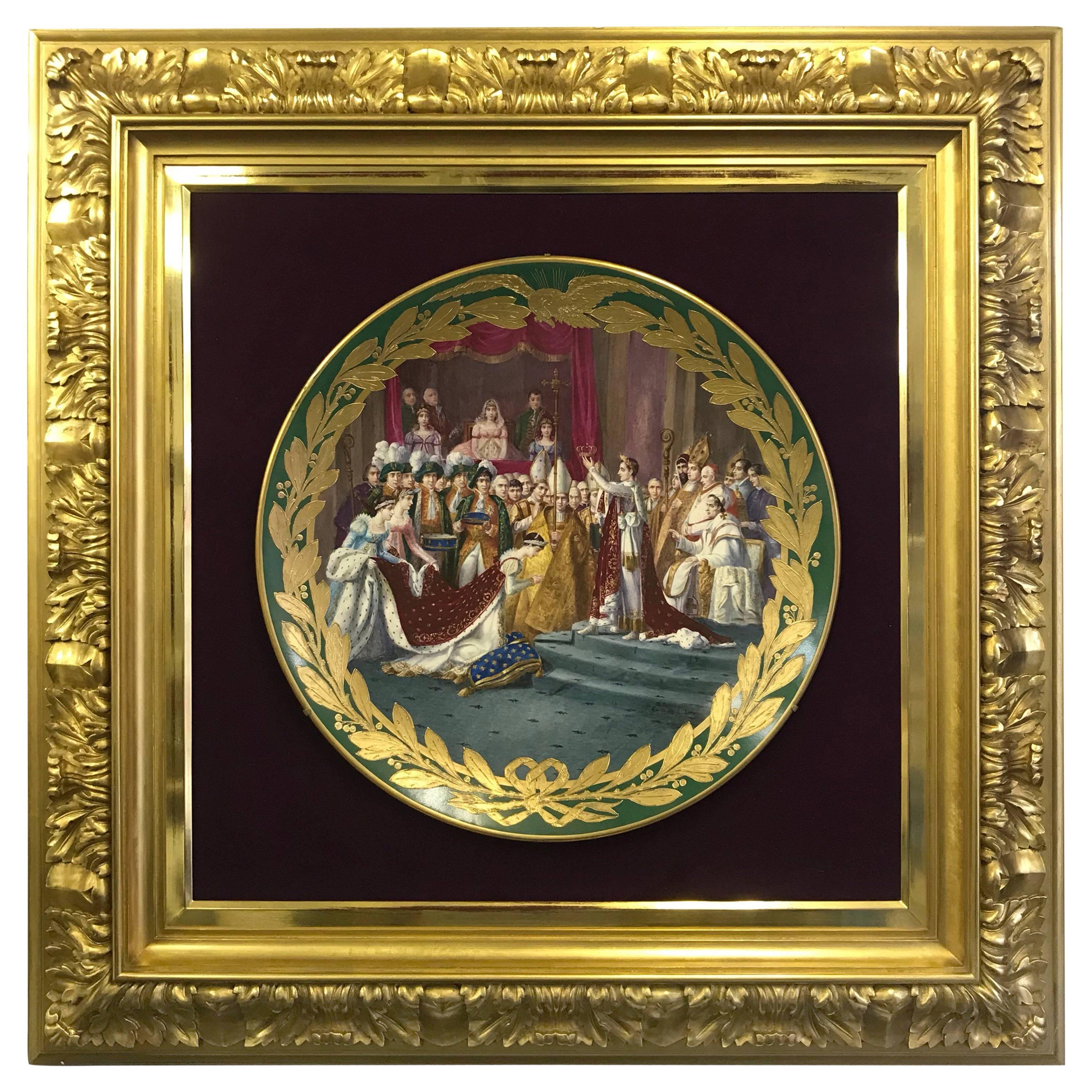 French Sevres Green Ground Porcelain Framed Charger Napoleon Courting Josephine For Sale