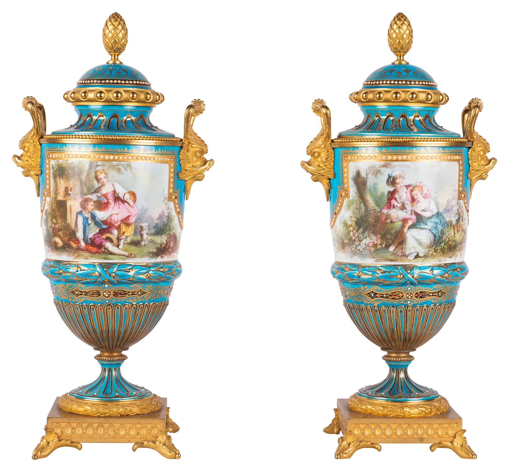 Gilt French Sevres, Louis XVI Style Clock Set, 1880 For Sale