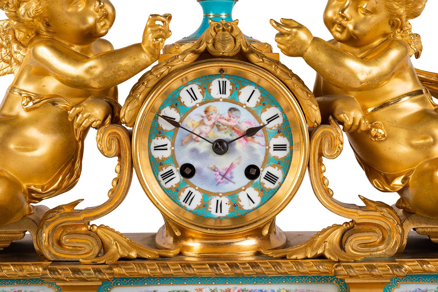 French Sevres, Louis XVI Style Clock Set, 1880 In Good Condition For Sale In Brighton, Sussex