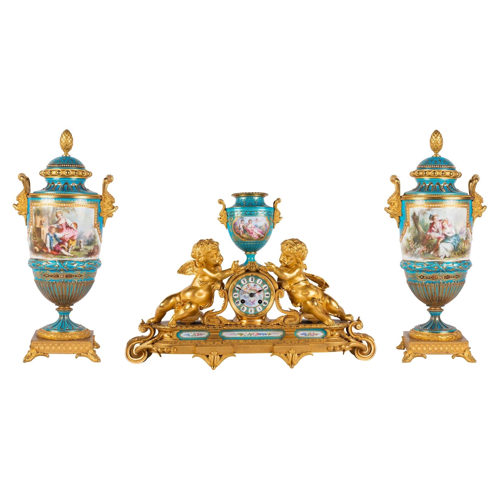 French Sevres, Louis XVI Style Clock Set, 1880 For Sale
