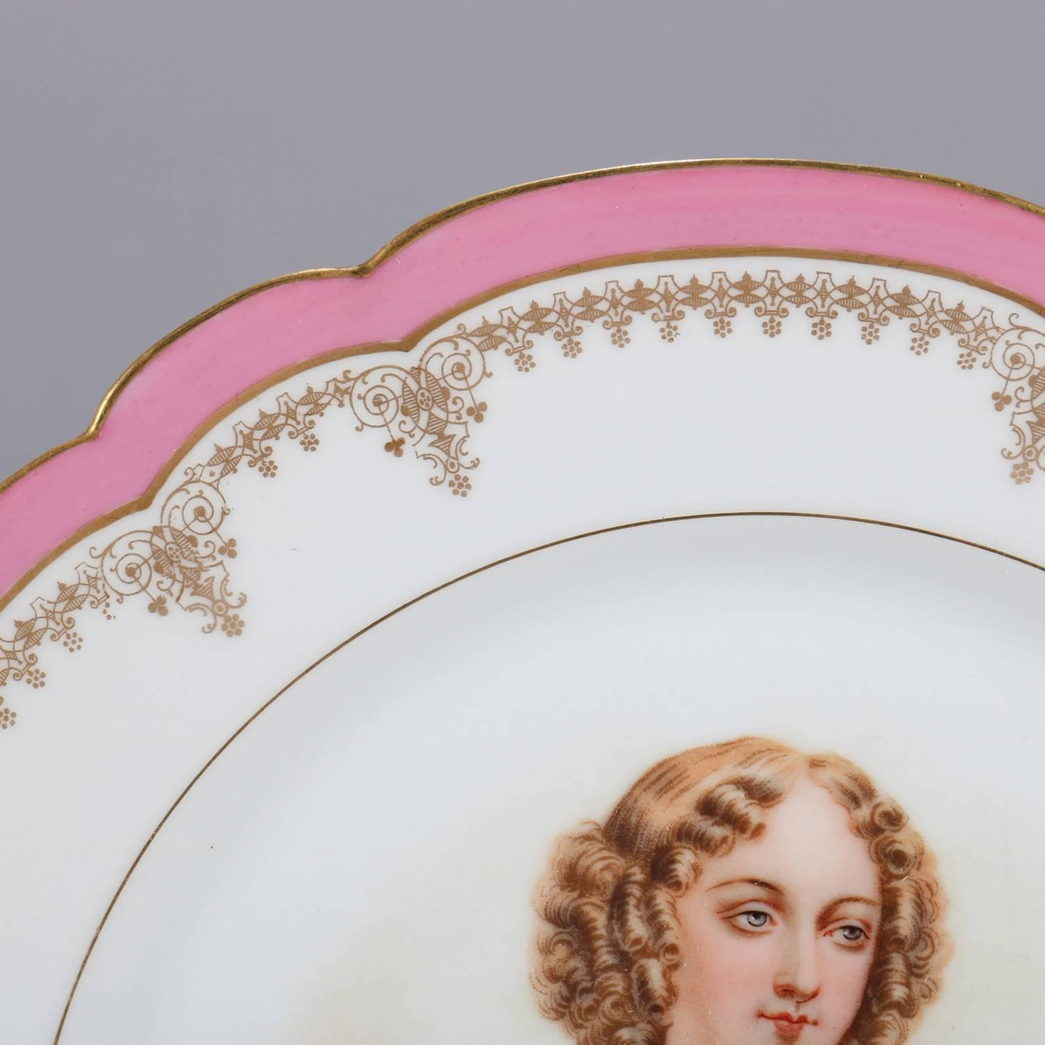 Porcelain French Sevres Painted and Gilt Portrait Plate Madame de Pavalliere, 19th Century