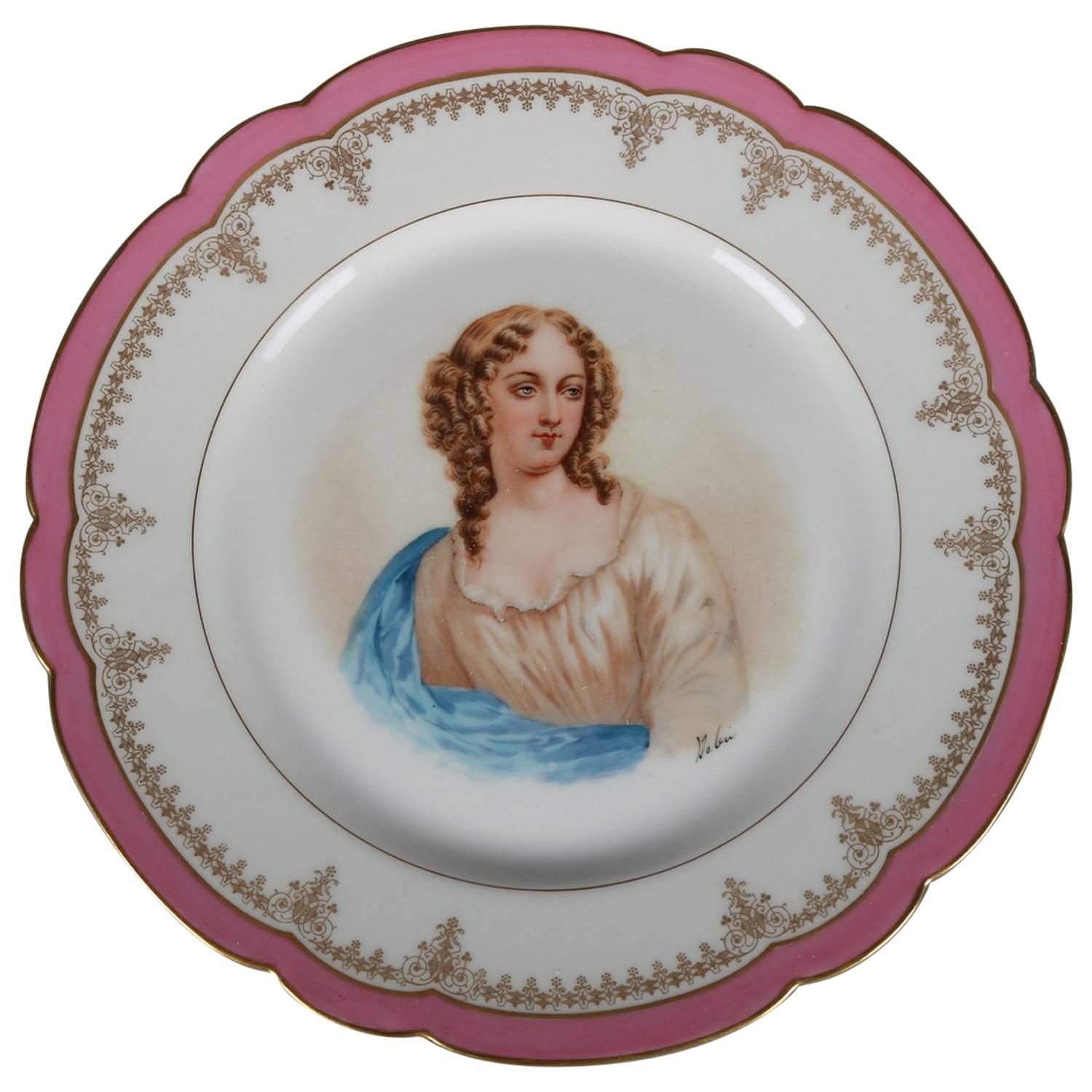 French Sevres Painted and Gilt Portrait Plate Madame de Pavalliere, 19th Century