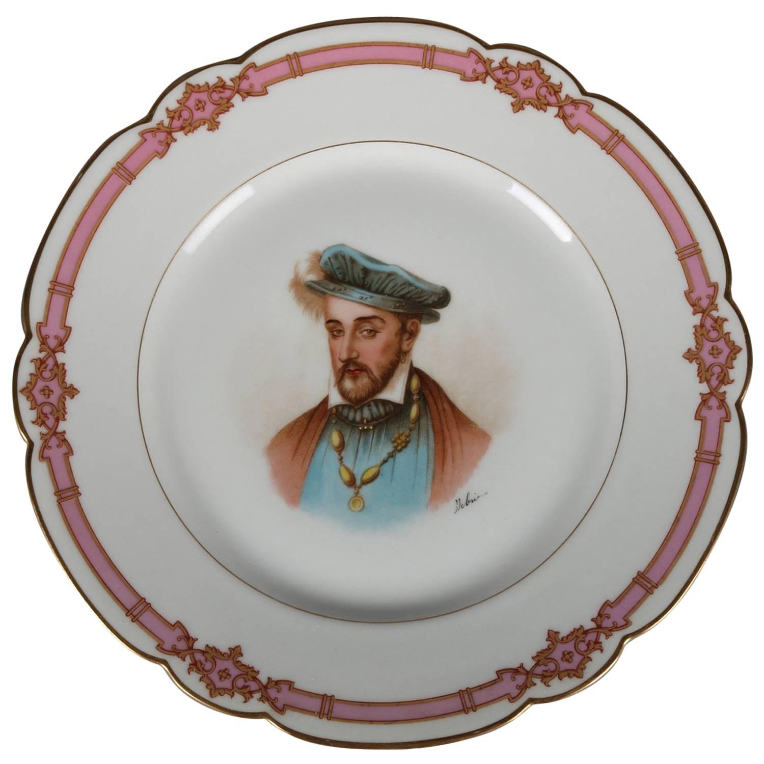 French Sevres Painted and Gilt Portrait Plate of Henri II Roy, I 19th Century