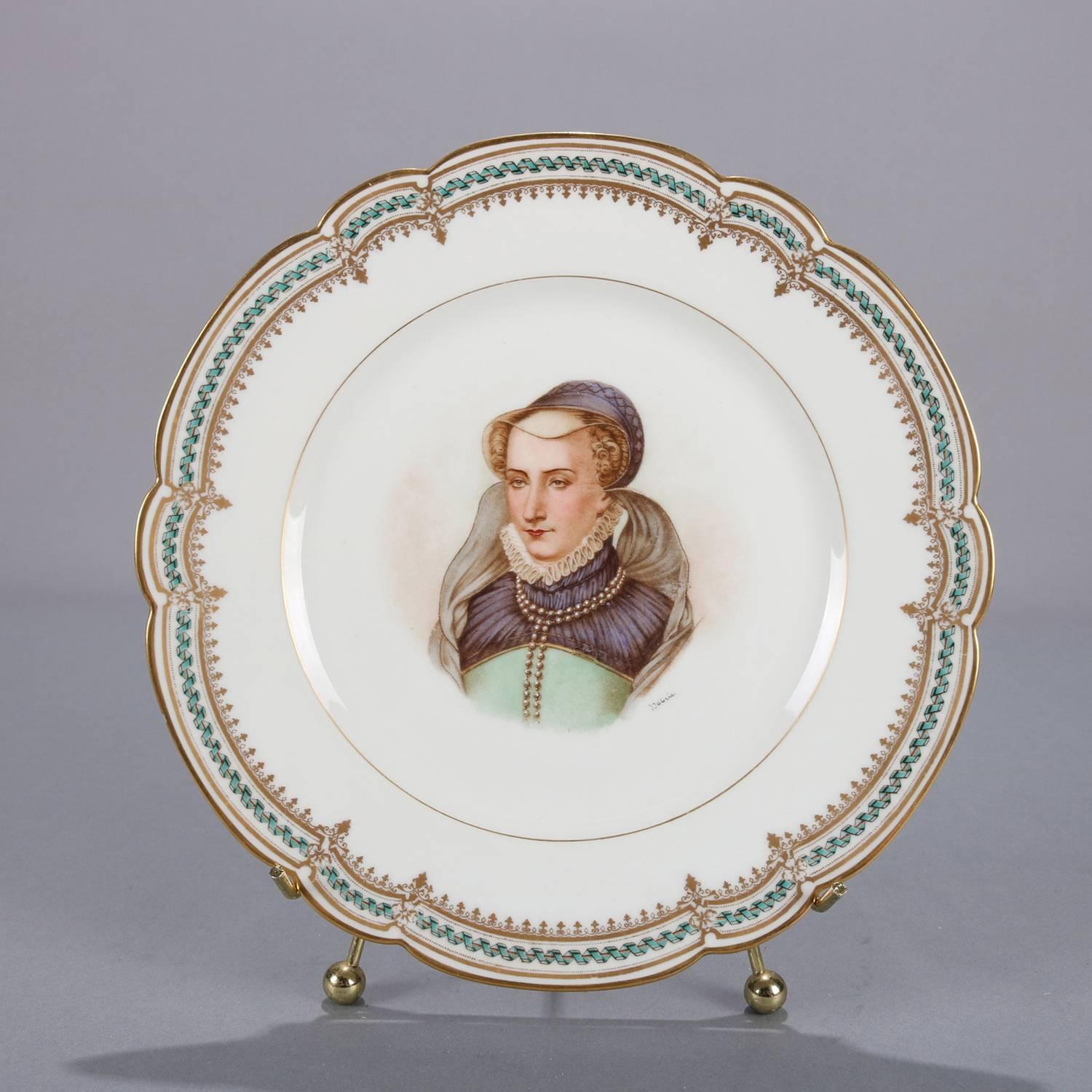 French Sevres Painted and Gilt Portrait Plate of Jeanne D'Albret, 19th Century In Good Condition In Big Flats, NY