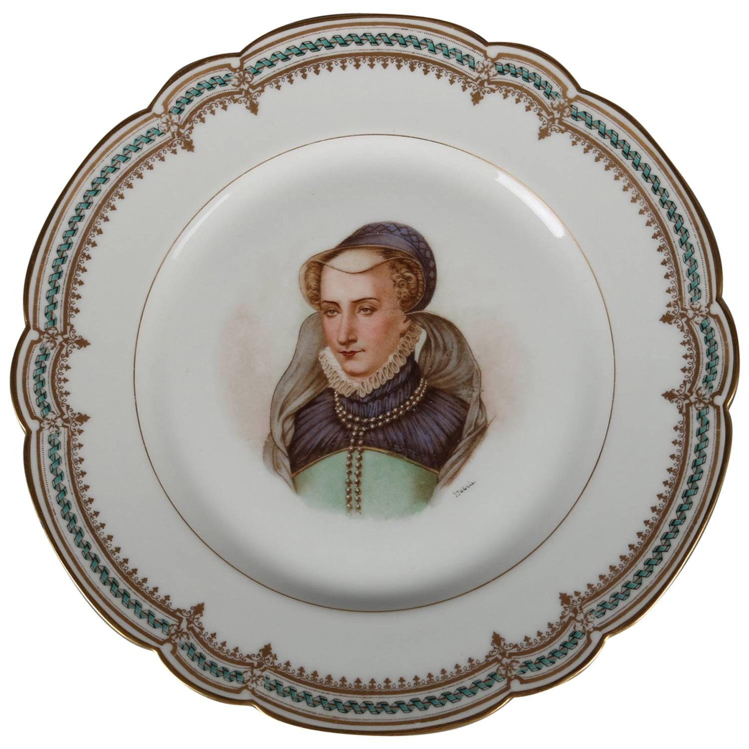 French Sevres Painted and Gilt Portrait Plate of Jeanne D'Albret, 19th Century