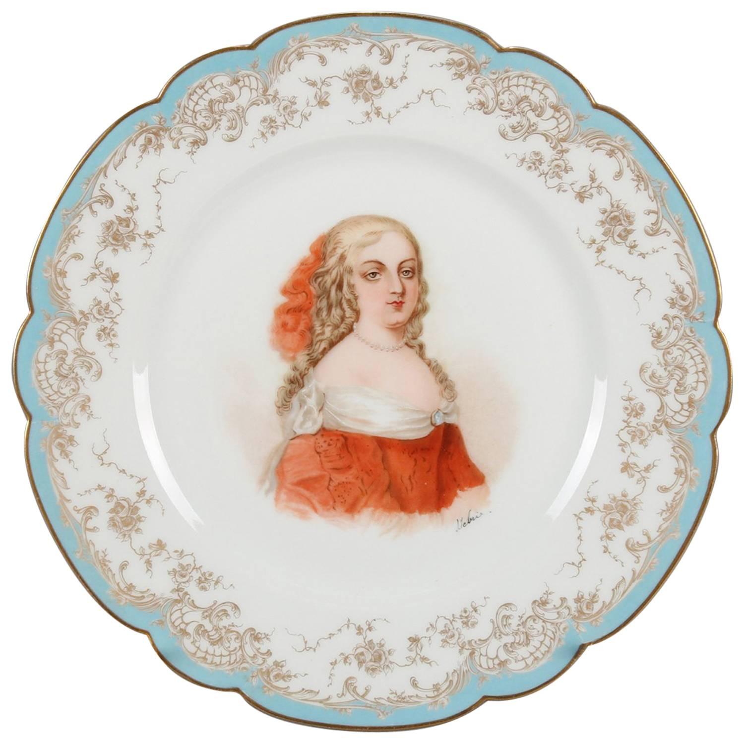 French Sevres Painted & Gilt Portrait Plate of Madame de Montespan 19th Century