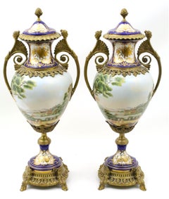 French Sèvres Porcelain Bronze Mounted Cobalt & Raised Gilt Gold Covered Urn