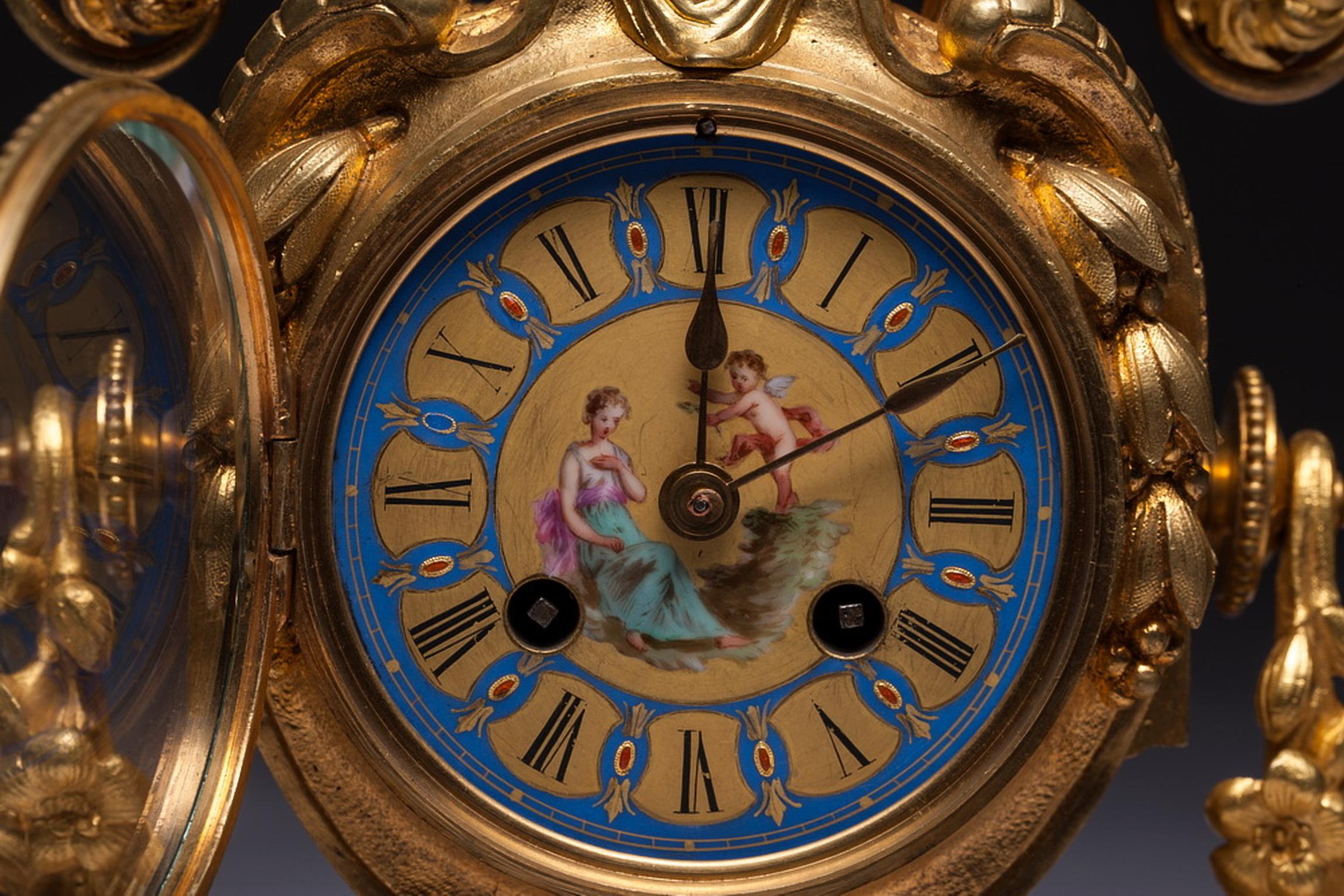 Gilt French Sèvres Porcelain Clock Set For Sale