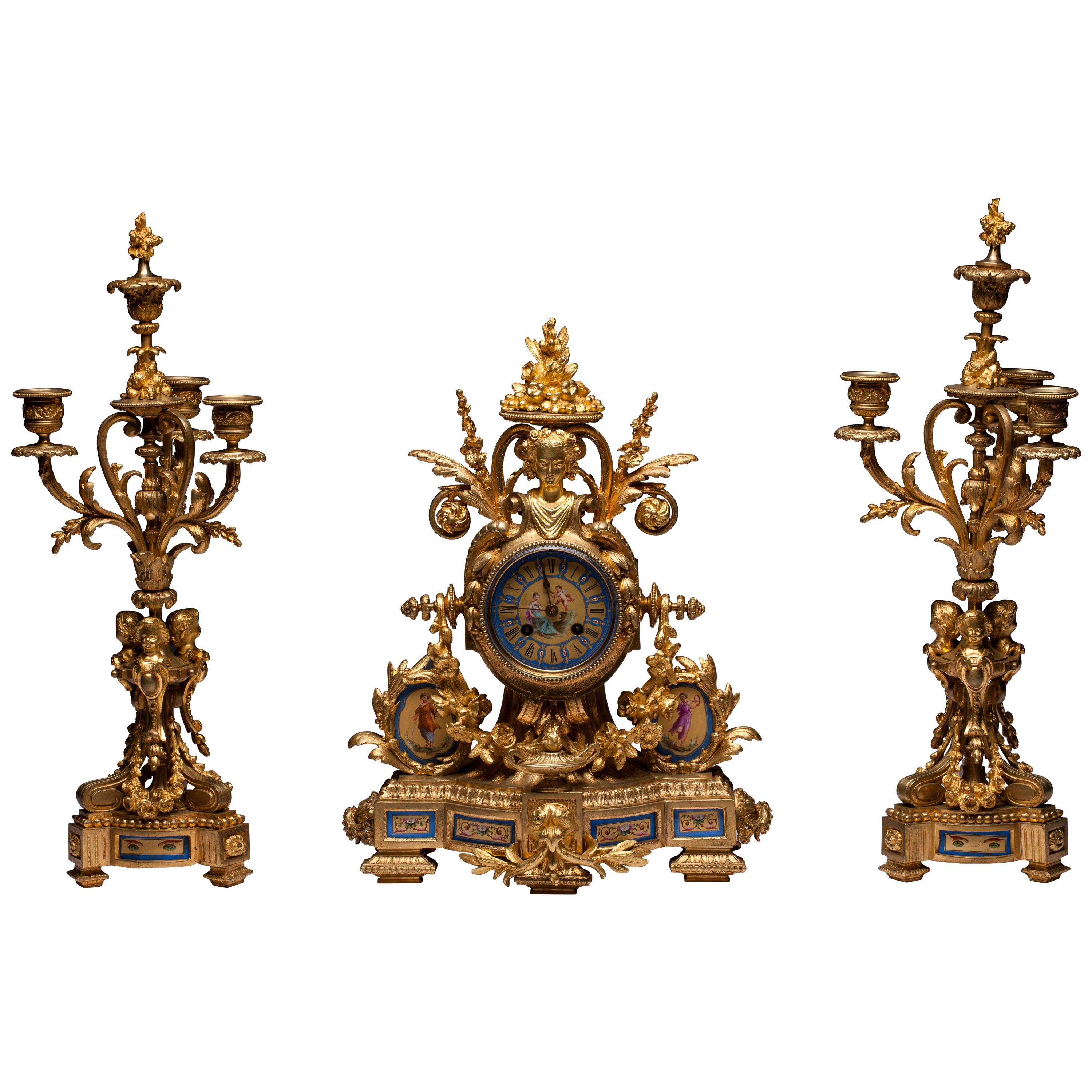 French Sèvres Porcelain Clock Set For Sale
