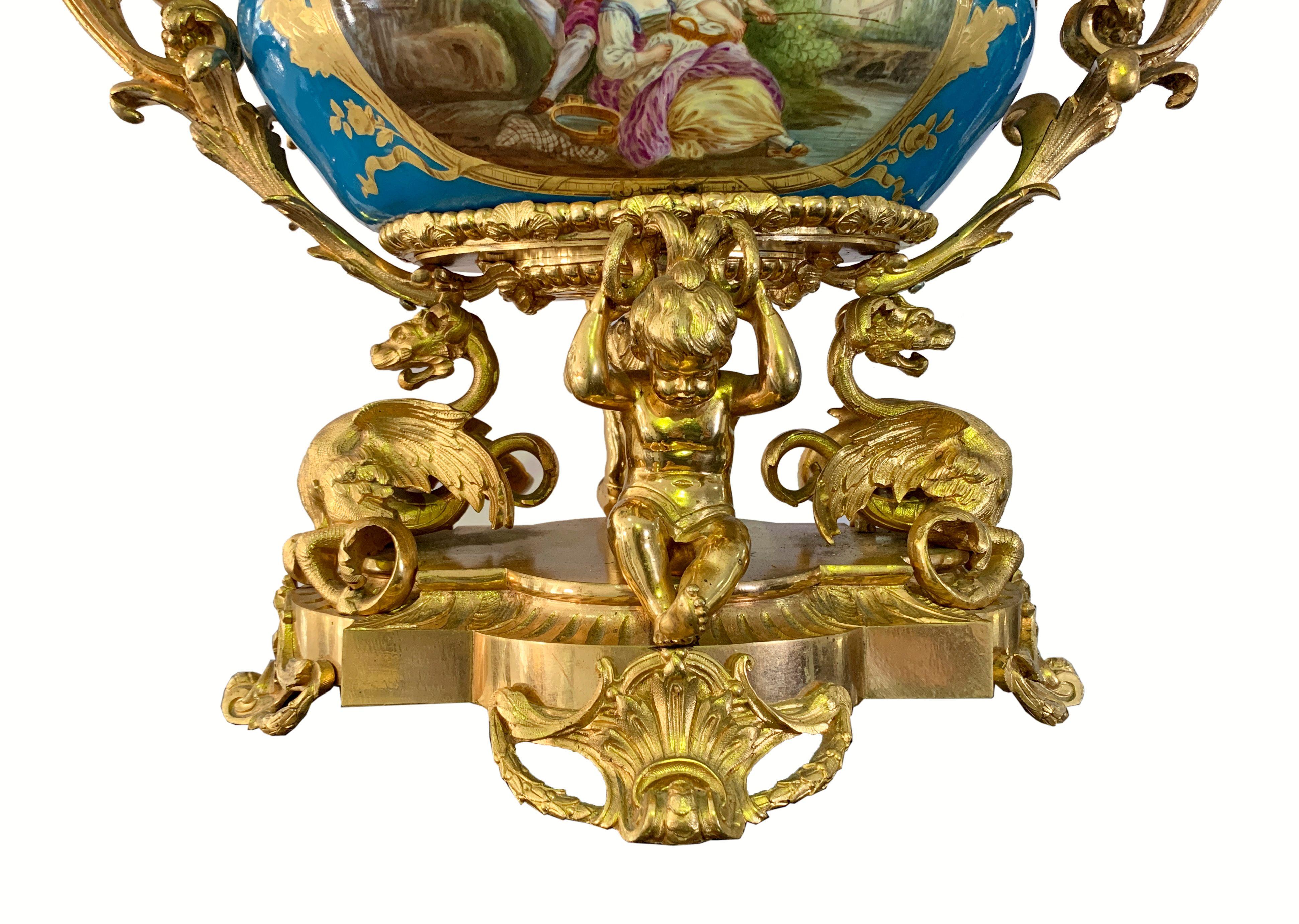 19th Century 19th century French Gilt Bronze Mounted Sevres style Centerpiece For Sale
