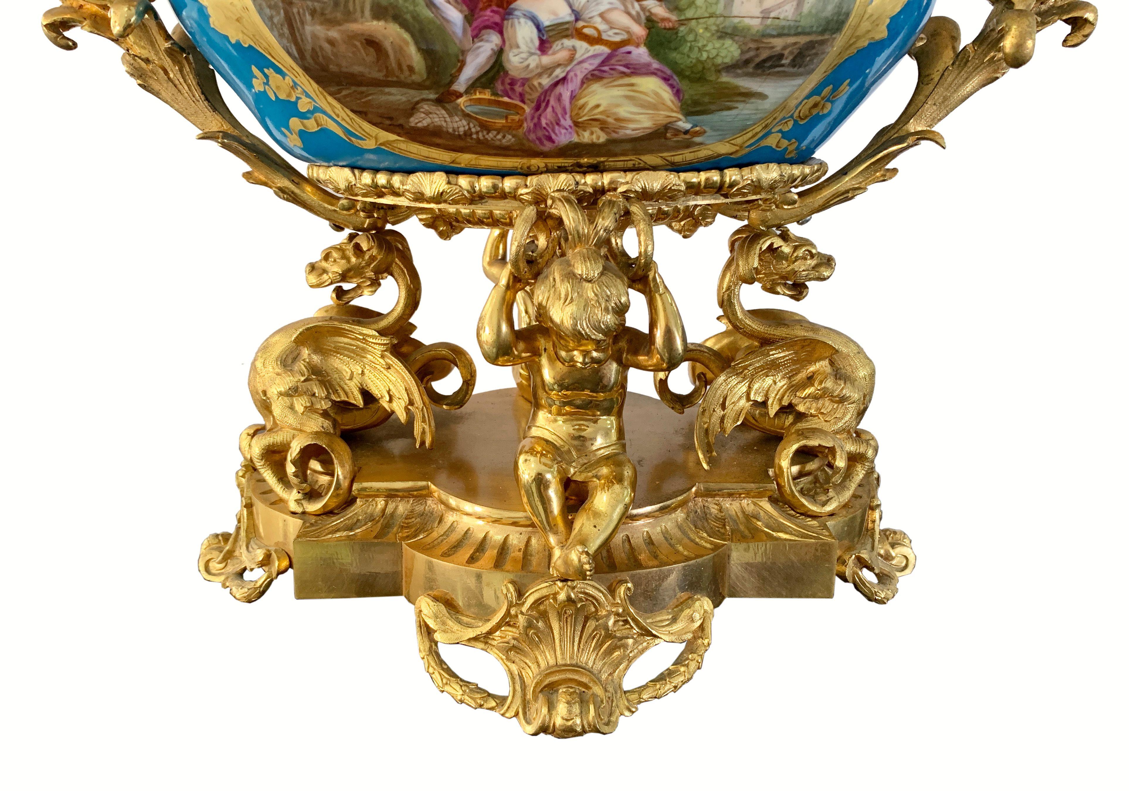 19th century French Gilt Bronze Mounted Sevres style Centerpiece For Sale 2