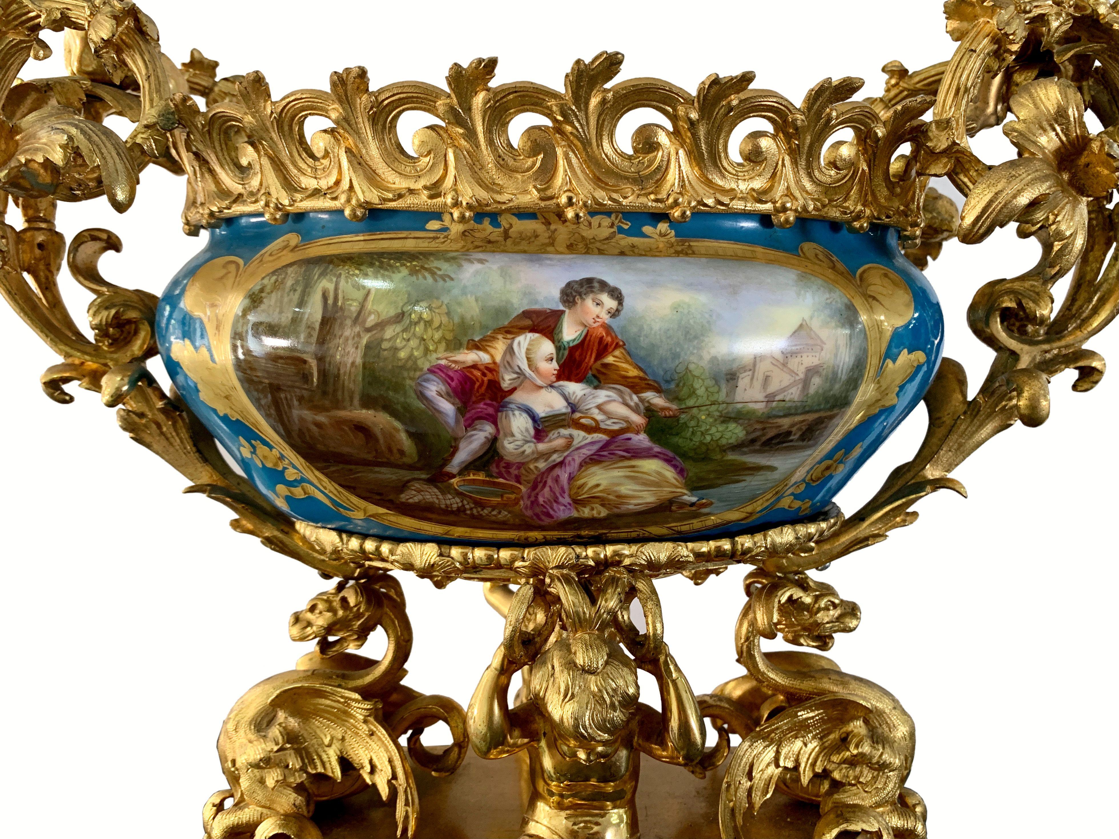19th century French Gilt Bronze Mounted Sevres style Centerpiece In Excellent Condition For Sale In Los Angeles, CA