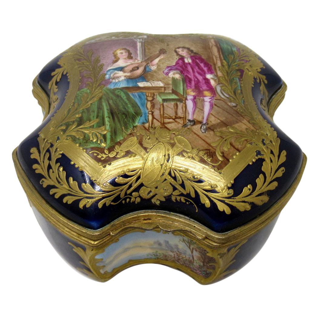 French Sevres Porcelain Hand Painted Jewelry Casket Ormolu Mounts, 19th Century