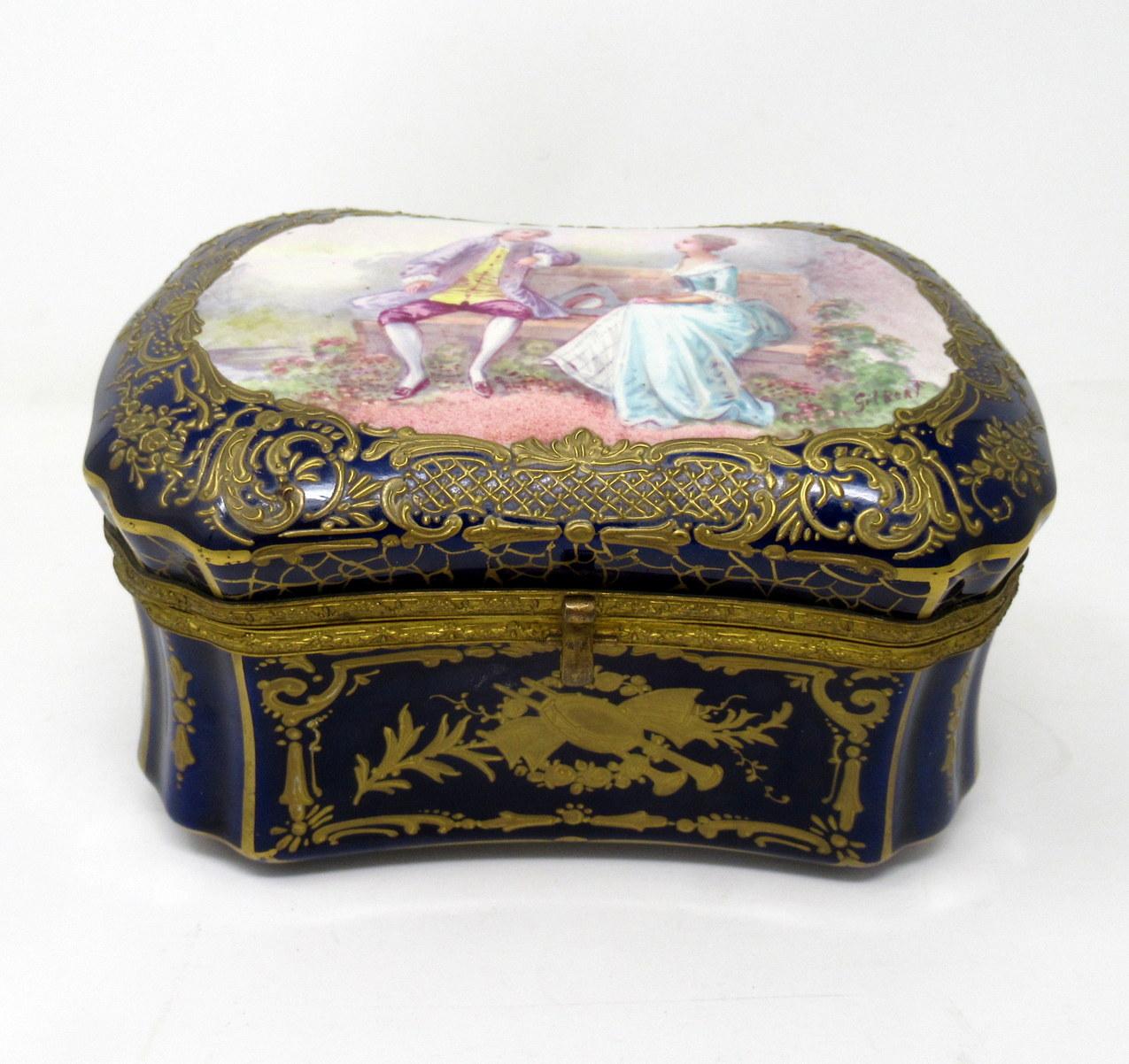 A very fine quality French Sevres hand decorated signed ladies jewlery casket or dresser box of outstanding museum quality and quite generous proportions. The rectangular outline with canted lobed corners, mid-late 19th century. Signed lower right