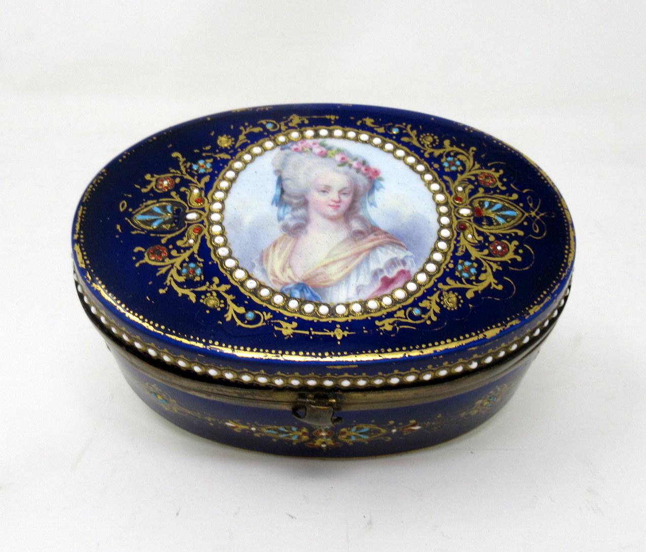 A very fine quality French Sevres hand decorated signed ladies jewlery casket or dresser box of outstanding museum quality and of oval outline, mid-late 19th century. 

The oval flat hinged lid with hand painted decoration of a portrait of an