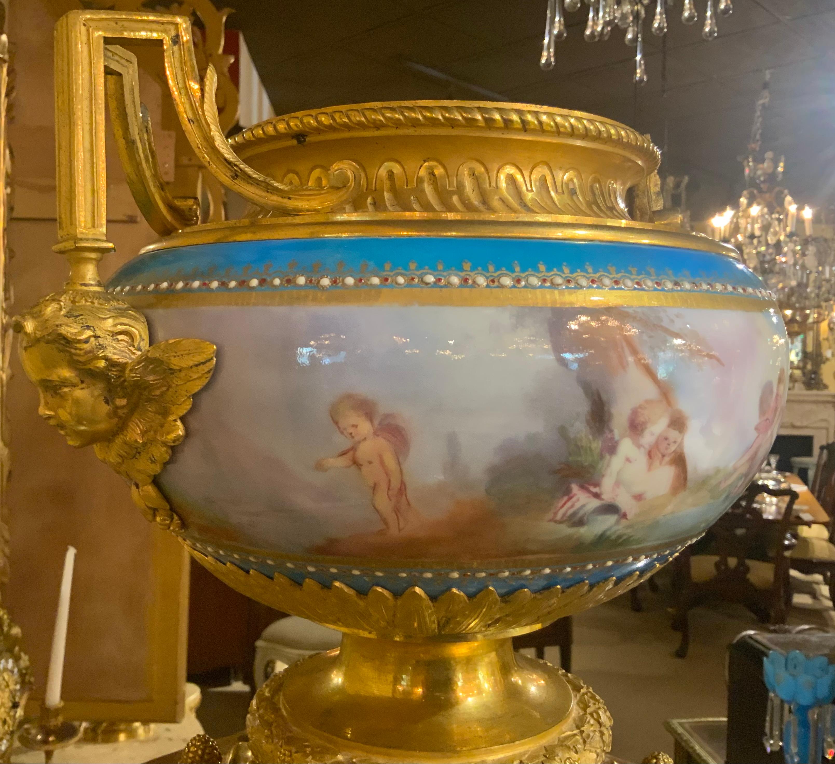 Bronze French Sevres porcelain jardineres in Celeste blue and gilt bronze mounts For Sale