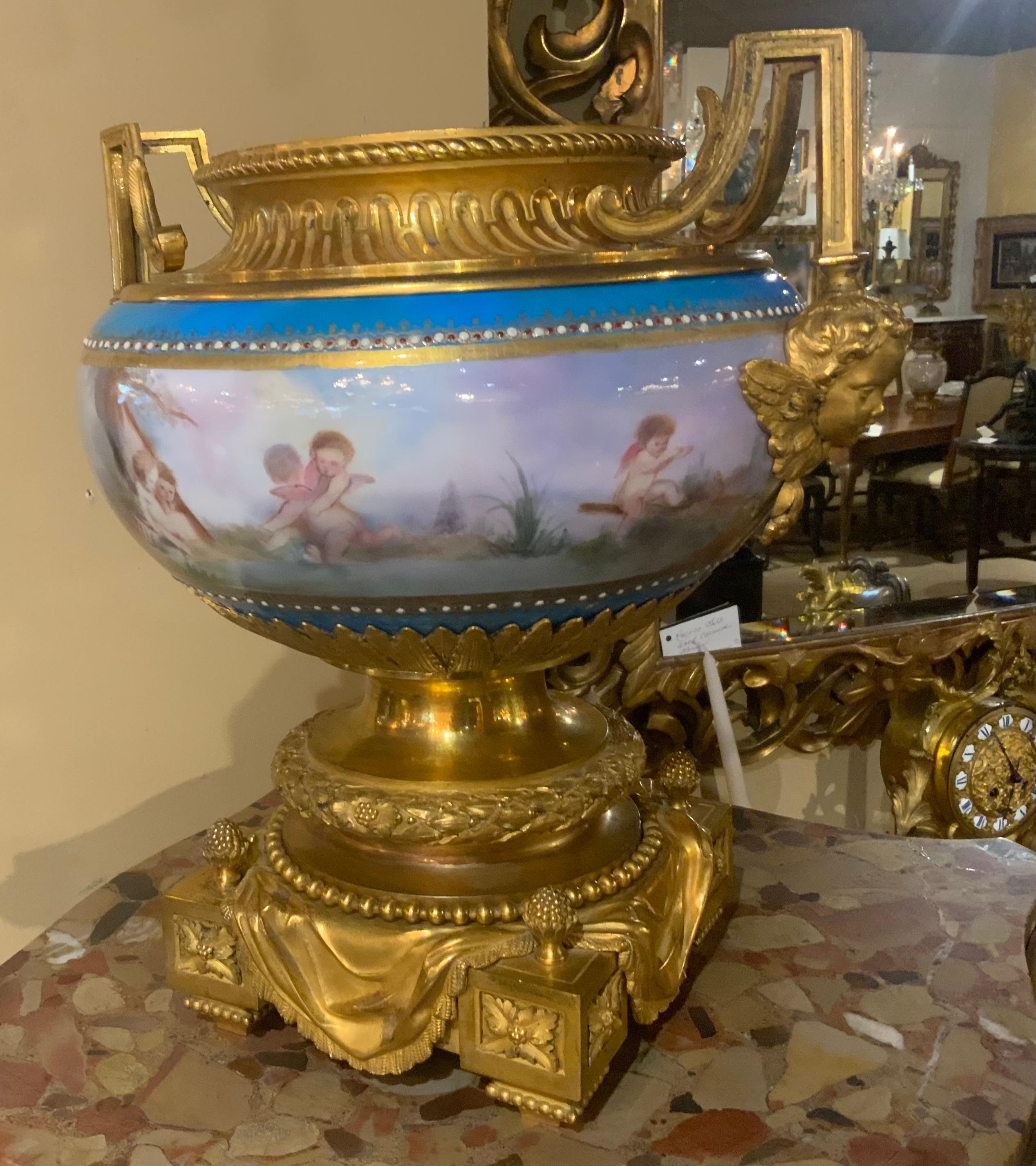 French Sevres porcelain jardineres in Celeste blue and gilt bronze mounts For Sale 1