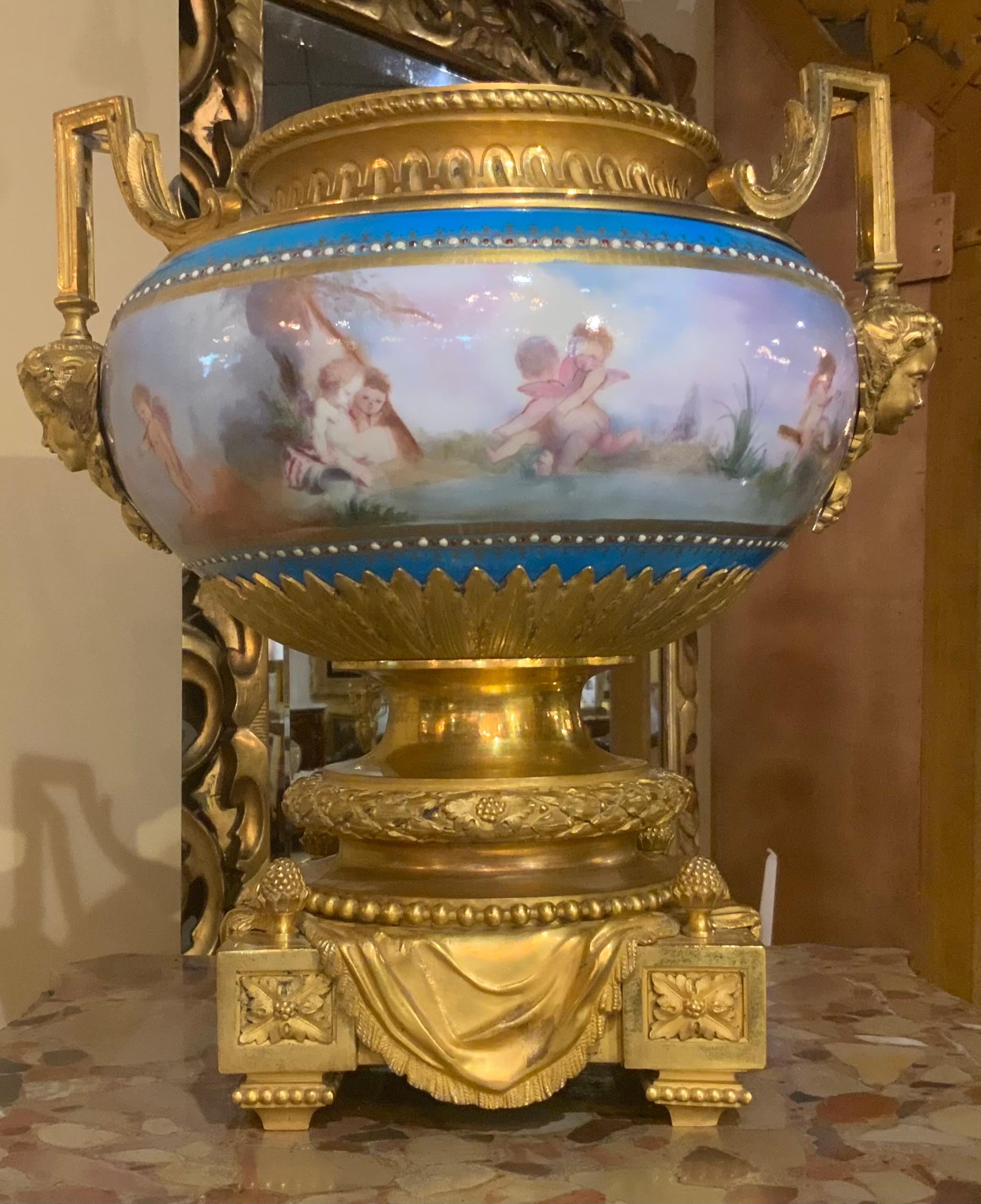 French Sevres porcelain jardineres in Celeste blue and gilt bronze mounts For Sale 3