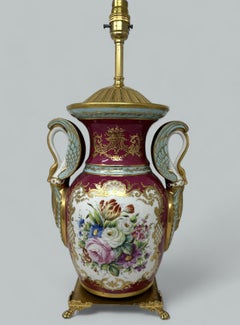 French Sèvres Porcelain Still Life Flowers Ormolu Buurgundy Table Lamp Bronze