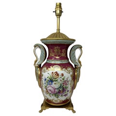 French Sèvres Porcelain Still Life Flowers Ormolu Buurgundy Table Lamp Bronze