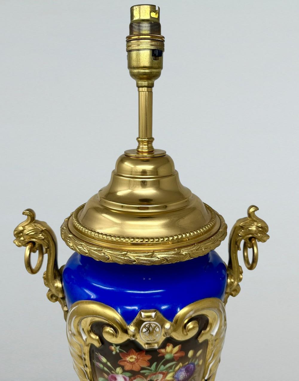 19th Century French Sèvres Porcelain Still Life Flowers Ormolu Cobalt Blue Table Lamp Bronze  For Sale