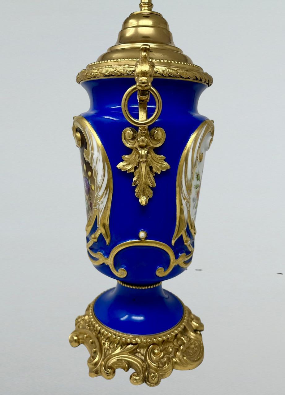 Ceramic French Sèvres Porcelain Still Life Flowers Ormolu Cobalt Blue Table Lamp Bronze  For Sale