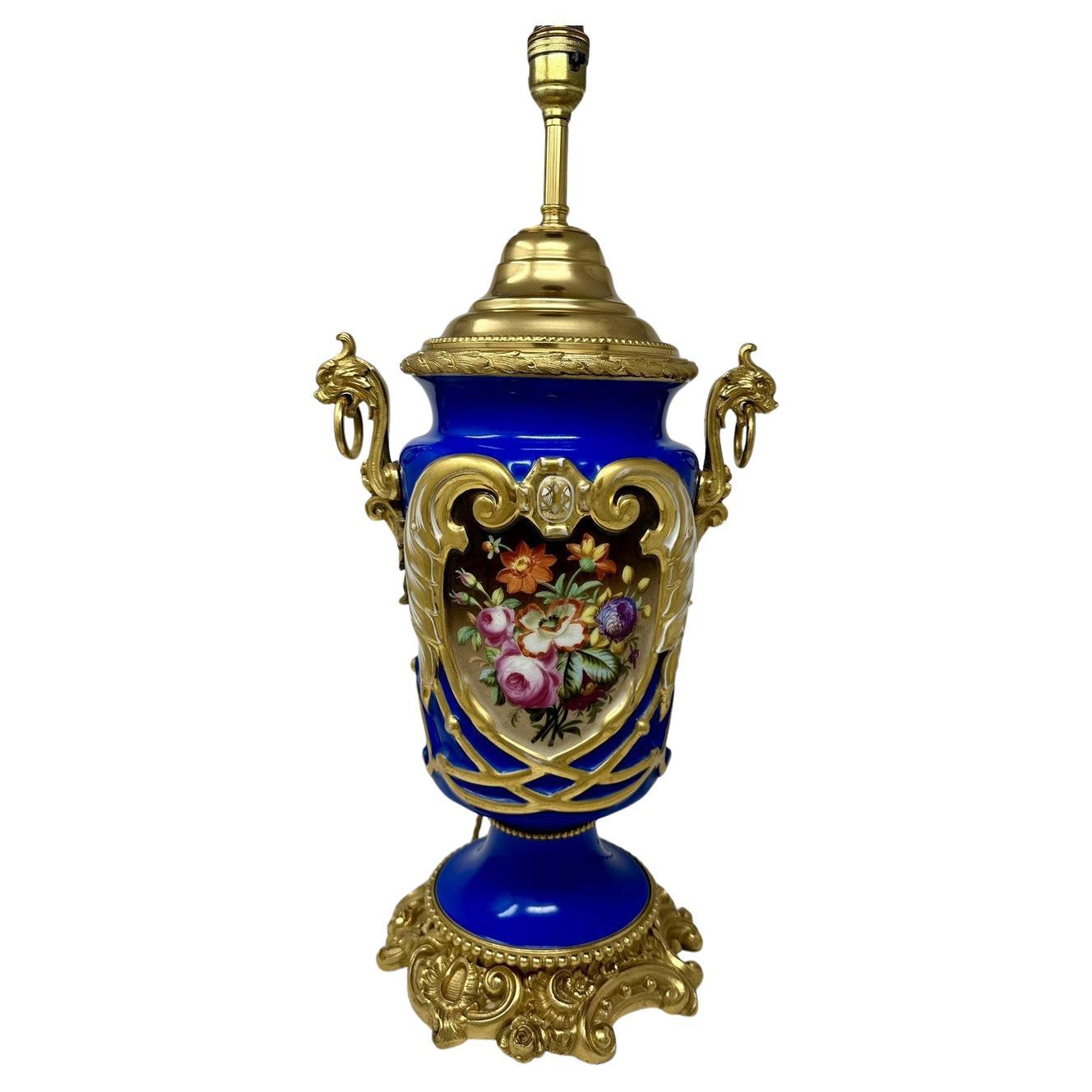 French Sèvres Porcelain Still Life Flowers Ormolu Cobalt Blue Table Lamp Bronze  For Sale