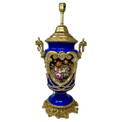 Used French Sèvres Porcelain Still Life Flowers Ormolu Cobalt Blue Table Lamp Bronze 
