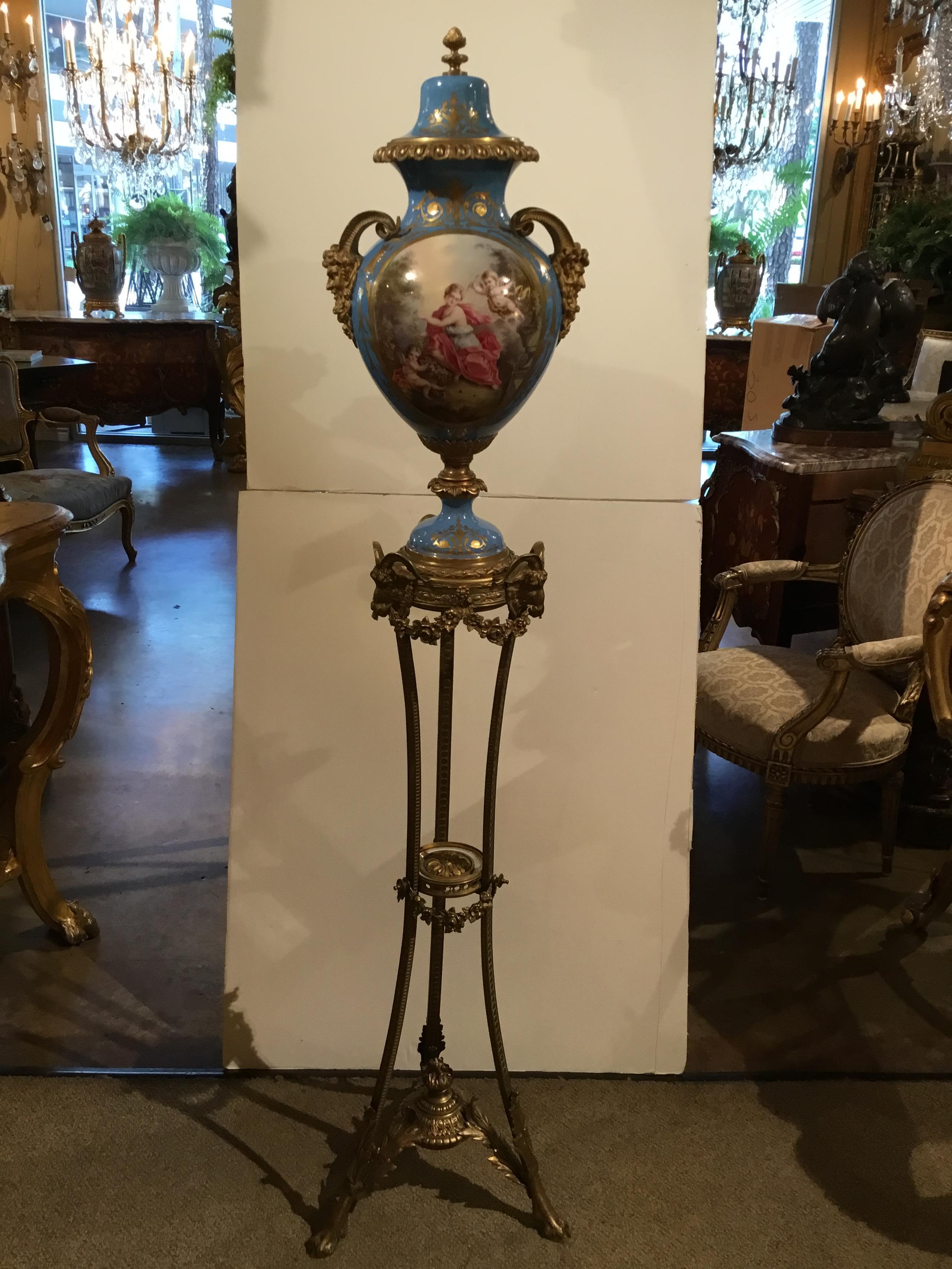 French Sevres Porcelain Urn on Bronze Dore Pedestal in Celeste Blue 19th Century For Sale 9
