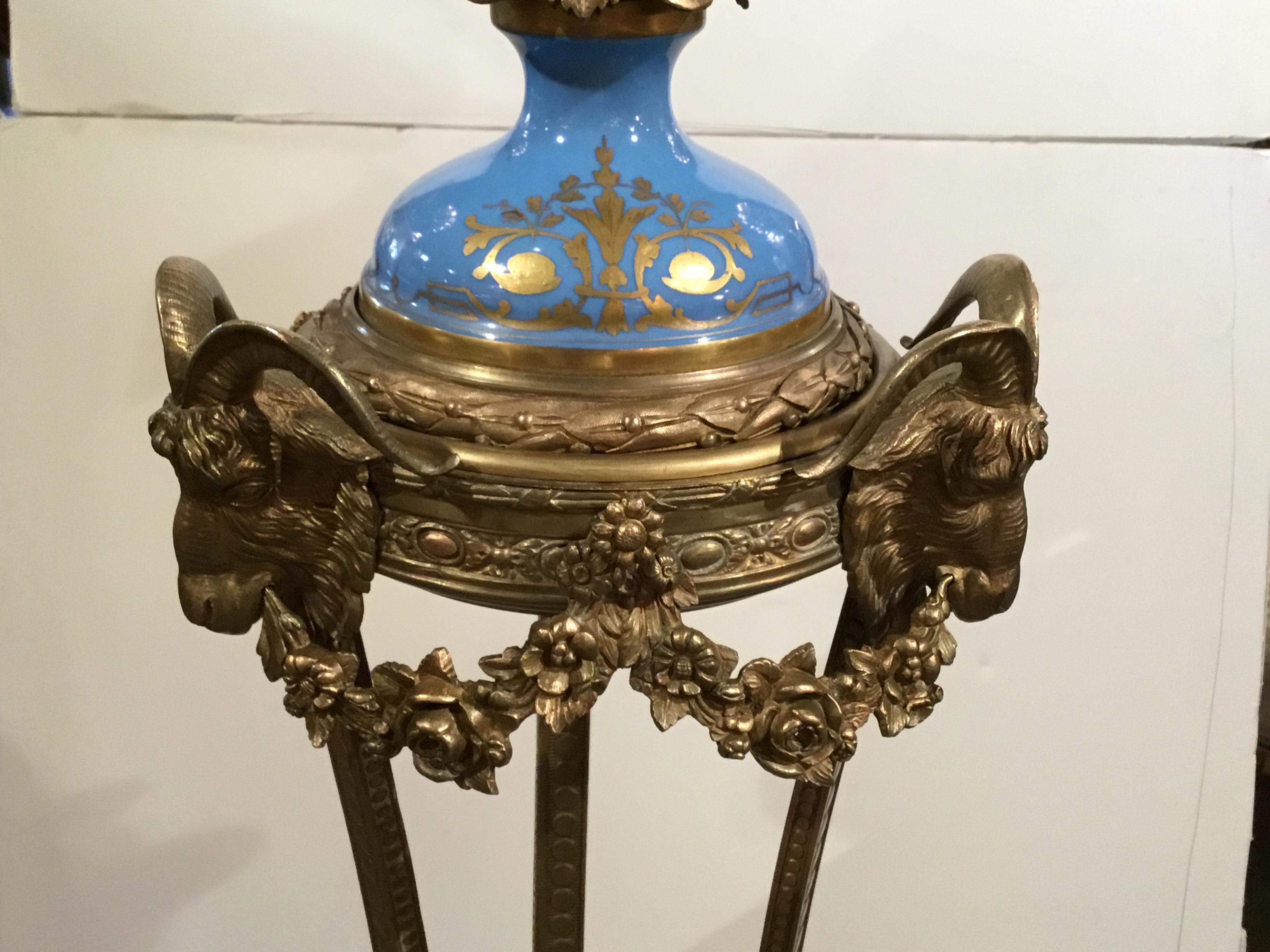 French Sevres Porcelain Urn on Bronze Dore Pedestal in Celeste Blue 19th Century For Sale 10