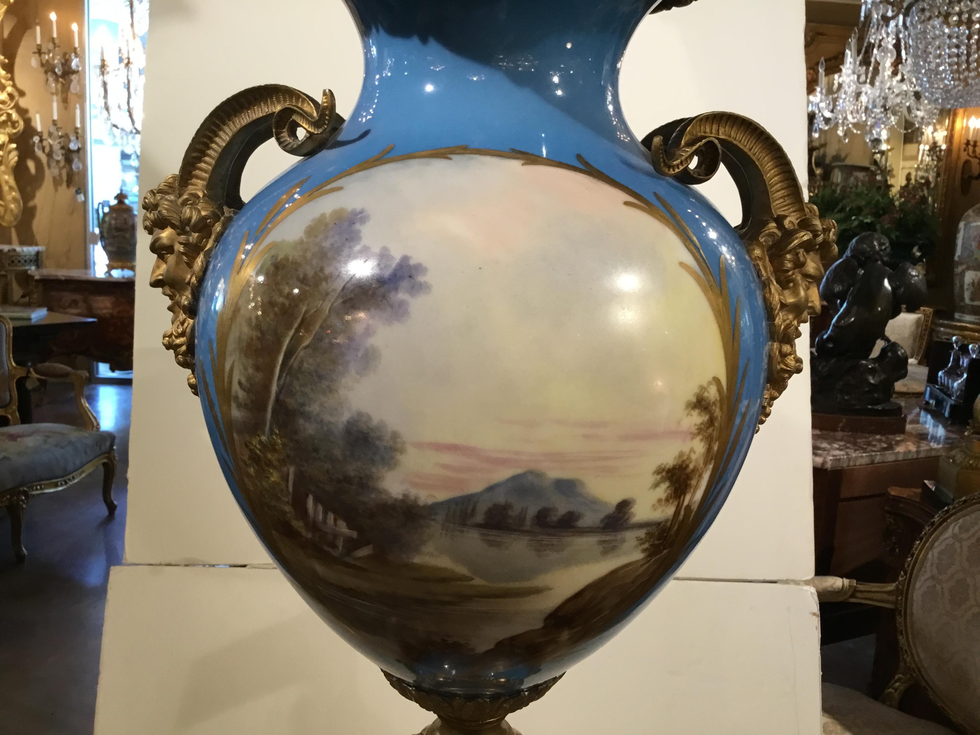 French Sevres Porcelain Urn on Bronze Dore Pedestal in Celeste Blue 19th Century For Sale 3