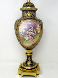 French Sèvres Porcelain Watteau Scene Ormolu Cobalt Blue Table Lamp 19th Century