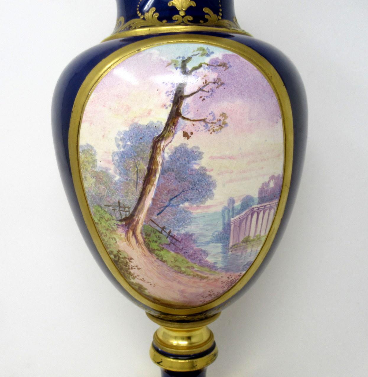 Ceramic French Sèvres Porcelain Watteau Scene Ormolu Cobalt Blue Table Lamp 19th Century For Sale